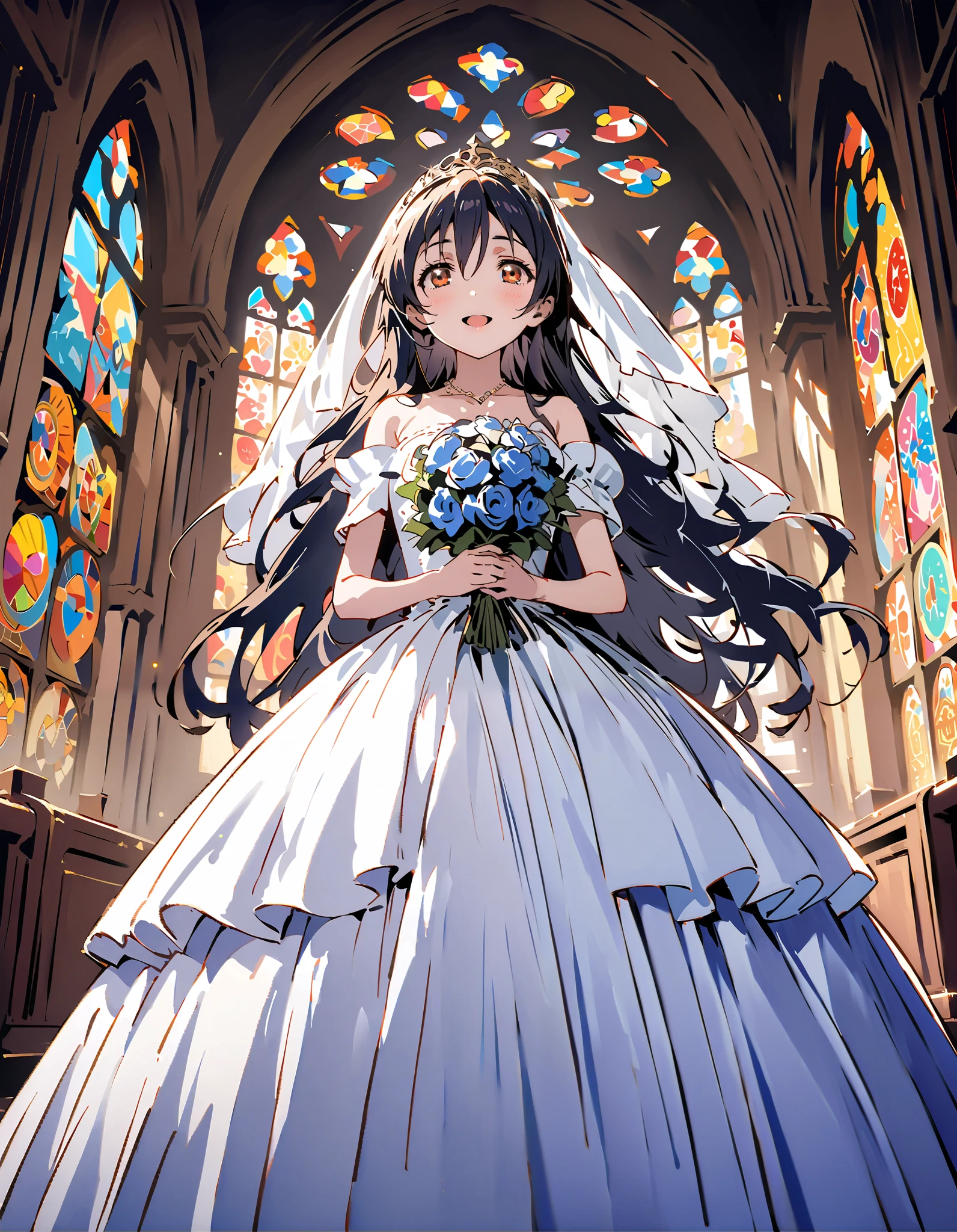 Umi Sonoda   ,   long hair, bangs,  brown eyes,   lantern,smile,,    open your mouth   ,   blue off-the-shoulder wedding dress, wedding long skirt with a bouquet of flowers in both hands, Veil,  tiara  ,  necklaces,bouquet, Blue Flower,  standing,  Stained Glass  ,full bodyが  eye drop illustrationに入るように,                                                   break indoors, Chapel,church,
break looking at viewer,full body,
break (  masterpiece:1.2),   top quality,    oconnor  ,   Unity 8k wallpaper, (  eye drop illustration:0.8), (  shape so that my whole body fits into an illustration with my eyes lowered :1.6),   very beautiful faces ,    perfect lighting ,   very detailed CG , (  perfect hands,   Completely-Wide),