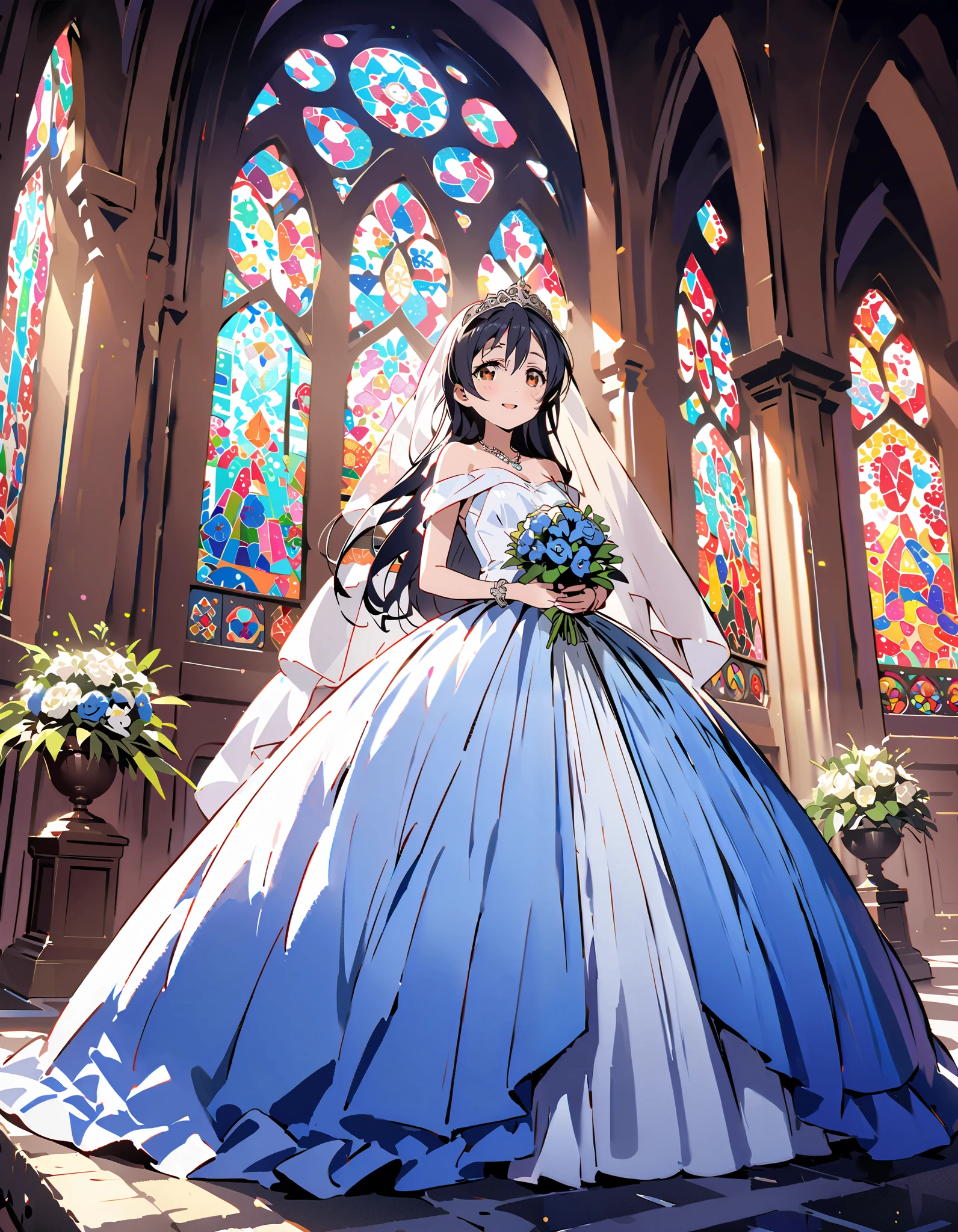 Umi Sonoda , long hair, bangs, brown eyes, lantern,smile,, open your mouth , Blue off-shoulder dress, wedding long skirt with a bouquet of flowers in both hands, Veil, tiara , necklaces,bouquet, Blue Flower, standing, Stained Glass ,full bodyが eye drop illustrationに入るように, break indoors, Chapel,church,
break looking at viewer,full body,
break ( masterpiece:1.2), top quality, oconnor , Unity 8k wallpaper, ( eye drop illustration:0.8), ( shape so that my whole body fits into an illustration with my eyes lowered :1.6), very beautiful faces , perfect lighting , very detailed CG , ( perfect hands, Completely-Wide),