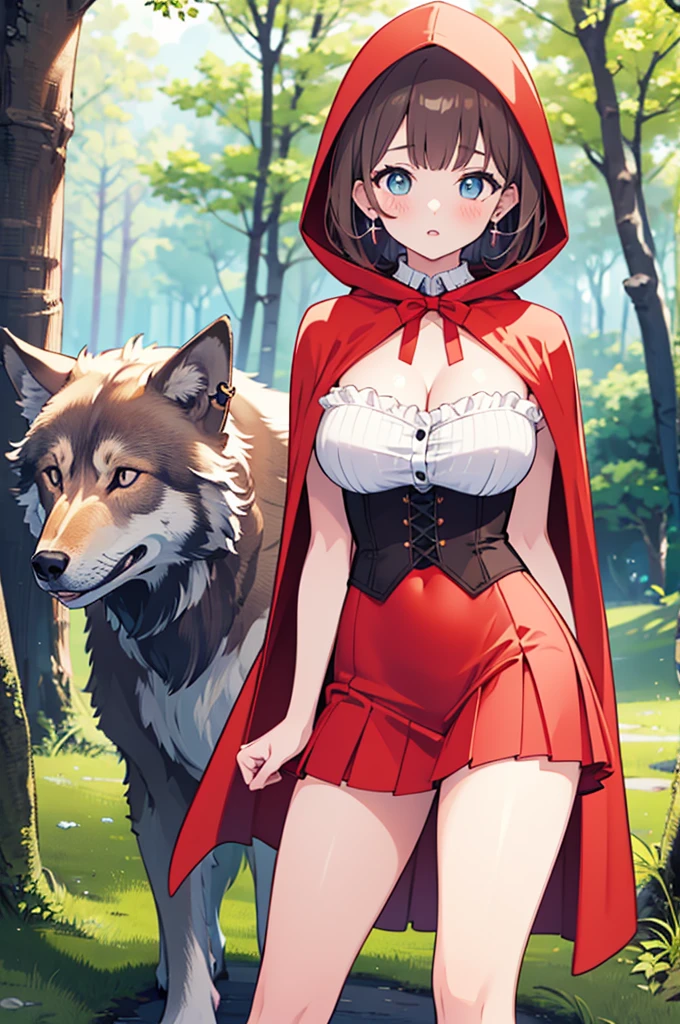 hightquality、Photo quality、Little Red Riding Hood、1womanl、huge tit、in woods、Wolf on the side、
