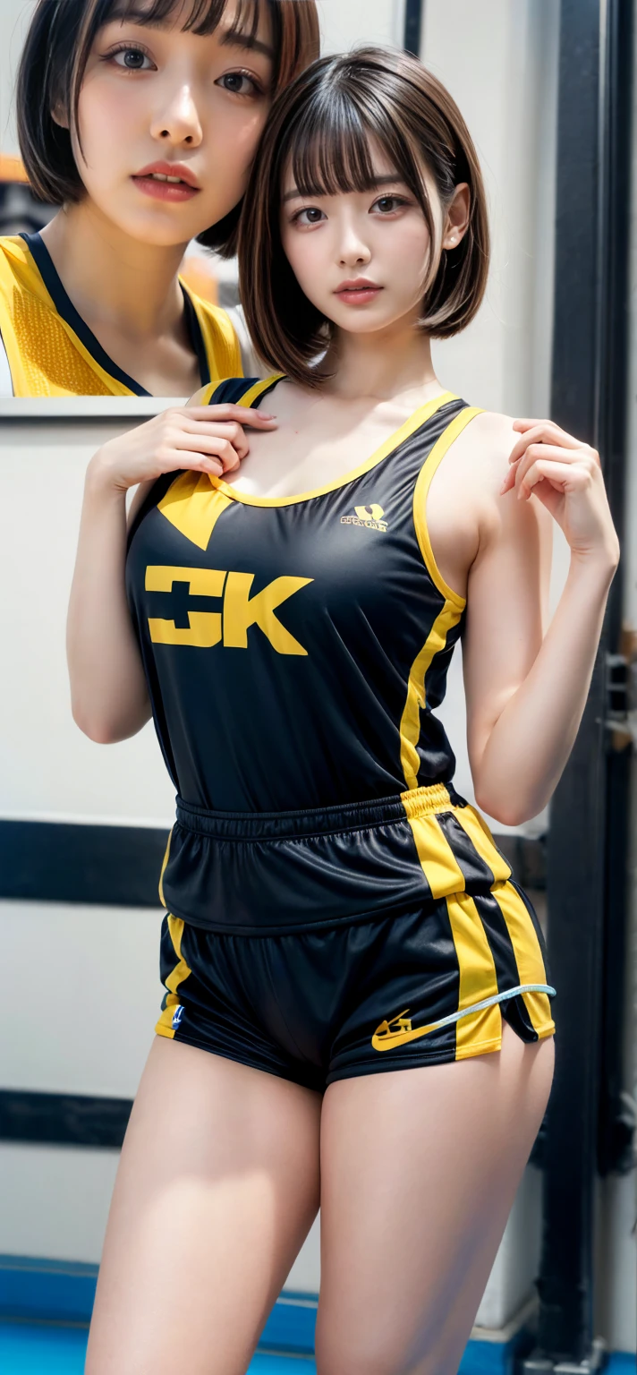 realistic, 1girl, black eye glasses, holding handgun, gun shooting pose, dark abandoned warehouse backgroud, black silky bob hair, hair bangs, tight and fitted yellow tracksuit, tracksuit halfway open, cleavage, big bust, tummies, bellybutton, black fitted shorts, tights, knees, handgun, fitted outfit