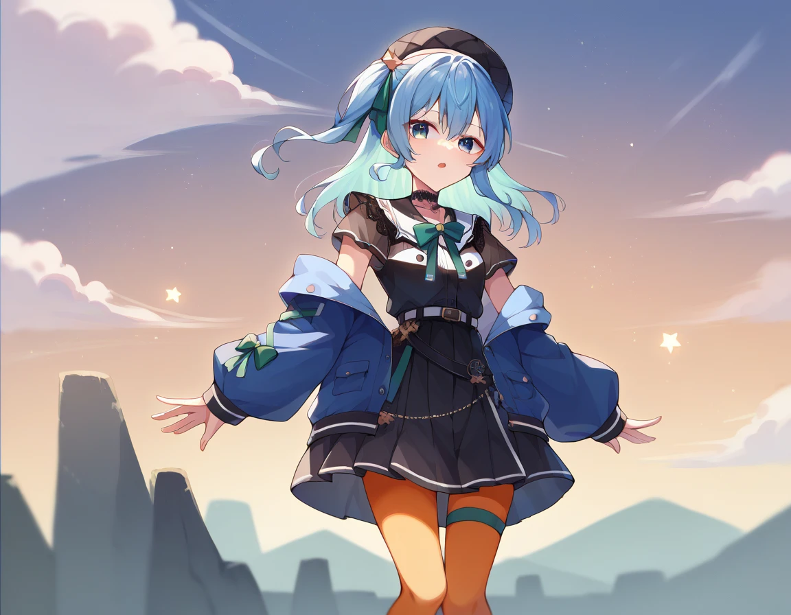 blush, outdoor, daytime, simple background, blue sky, rippled hair, sky, looking at the audience, loli, very cute expression, small short legs, avatar, toes, high-quality panties,