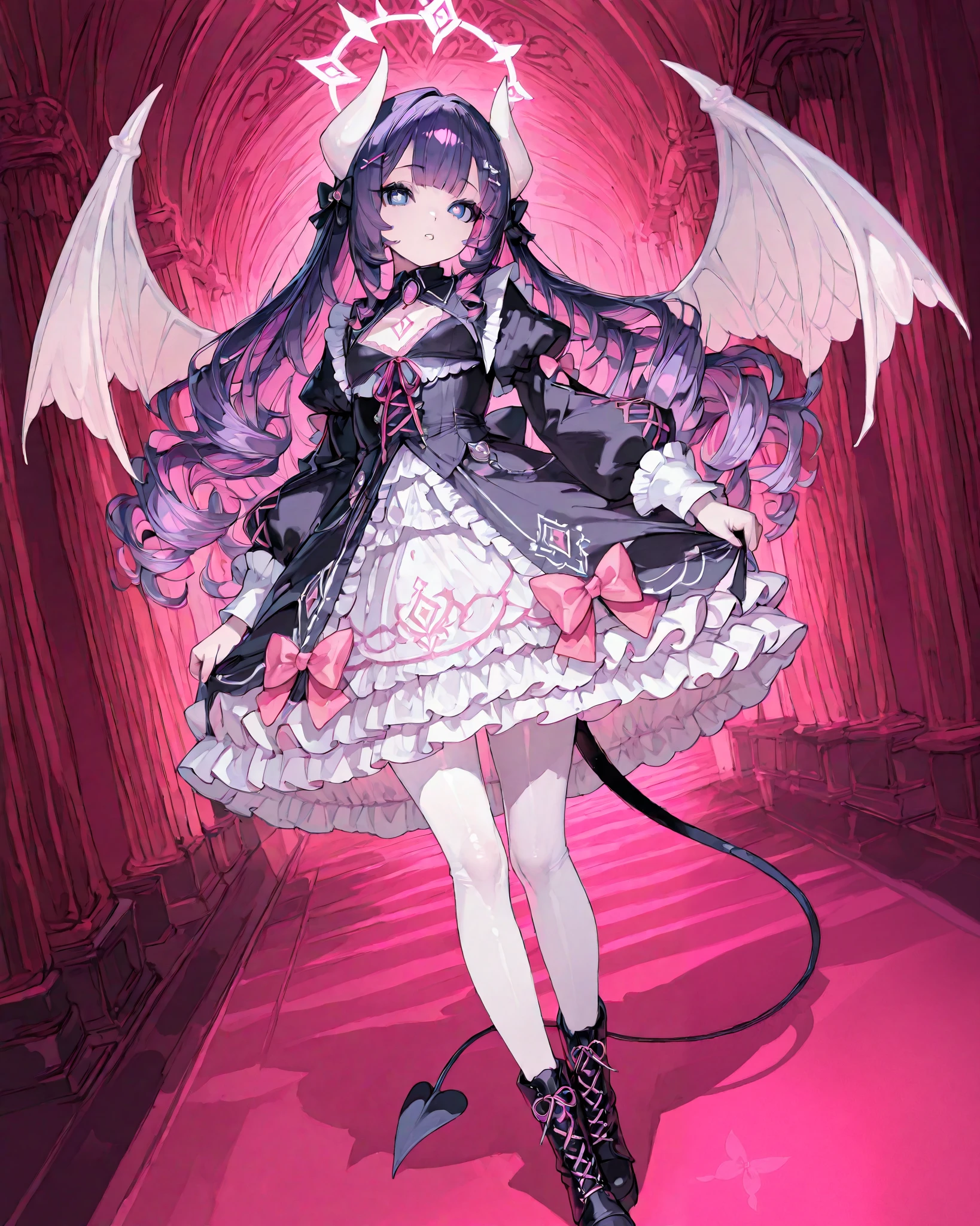 The girl is a devil/ pastel goth. She has long curly puffy purple hair with pink highlights with many white bow-hairpins. She has a ear wings. She has navi blue eyes with cat-like pupils.  She has long white horns with pink ribbons. white webbed wings on the back and a white devil's tail with a little pink bow.  She is wearing a pink-white ta pastel goth dress with ribbons and bows with long puffy sleeves that hide her palms. She has a puffy collar with a red ribbon and a blue stone on her chest. She has long legs dressed in pink lace-up boots and white  with bows.  She is walking around in a pink-black gothic room among mannequins decorated with purple ribbons.