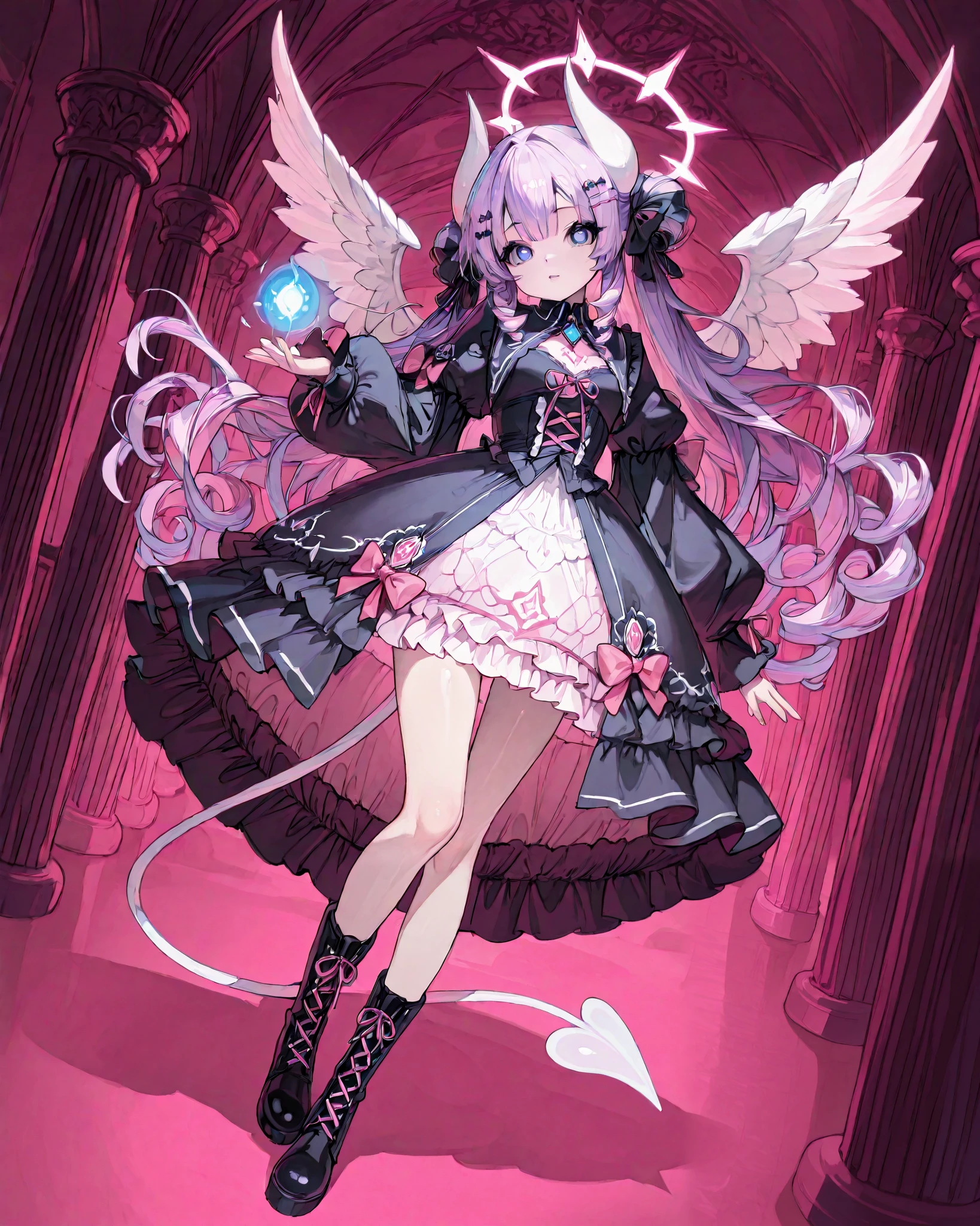 The girl is a devil/ pastel goth. She has long curly puffy purple hair with pink highlights with many white bow-hairpins. She has a ear wings. She has navi blue eyes with cat-like pupils. She has long white horns with pink ribbons. white webbed wings on the back and a white devil's tail with a little pink bow. She is wearing a pink-white ta pastel goth dress with ribbons and bows with long puffy sleeves that hide her palms. She has a puffy collar with a red ribbon and a blue stone on her chest. She has long legs dressed in pink lace-up boots and white with bows. She is walking around in a pink-black gothic room among mannequins decorated with purple ribbons.