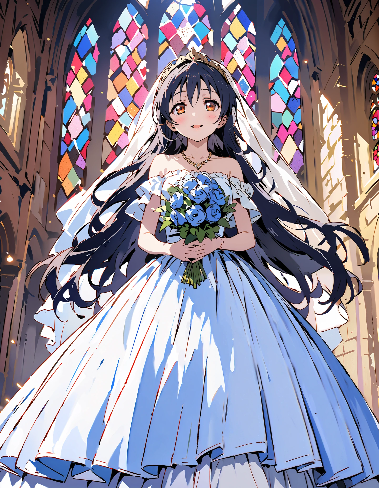 Umi Sonoda , long hair, bangs, brown eyes, lantern,smile,, open your mouth , Blue off-shoulder dress, wedding long skirt with a bouquet of flowers in both hands, Veil, tiara , necklaces,bouquet, Blue Flower, standing, Stained Glass ,full bodyが eye drop illustrationに入るように, break indoors, Chapel,church,
break looking at viewer,full body,
break ( masterpiece:1.2), top quality, oconnor , Unity 8k wallpaper, ( eye drop illustration:0.8), ( shape so that my whole body fits into an illustration with my eyes lowered :1.6), very beautiful faces , perfect lighting , very detailed CG , ( perfect hands, Completely-Wide),