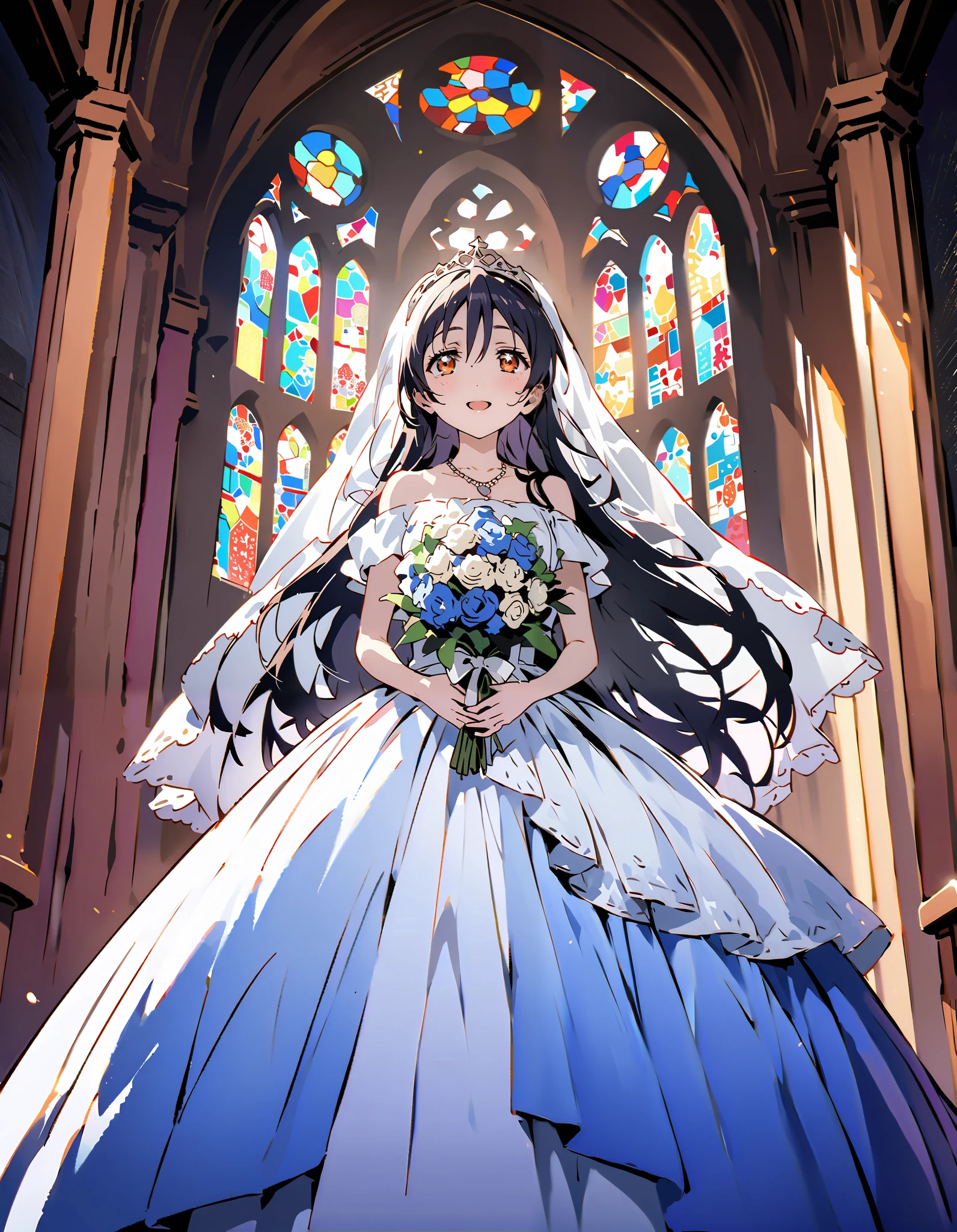 Umi Sonoda , long hair, bangs, brown eyes, lantern,smile,, open your mouth , Blue off-shoulder dress, wedding long skirt with a bouquet of flowers in both hands, Veil, tiara , necklaces,bouquet, Blue Flower, standing, Stained Glass ,full bodyが eye drop illustrationに入るように, break indoors, Chapel,church,
break looking at viewer,full body,
break ( masterpiece:1.2), top quality, oconnor , Unity 8k wallpaper, ( eye drop illustration:0.8), ( shape so that my whole body fits into an illustration with my eyes lowered :1.6), very beautiful faces , perfect lighting , very detailed CG , ( perfect hands, Completely-Wide),