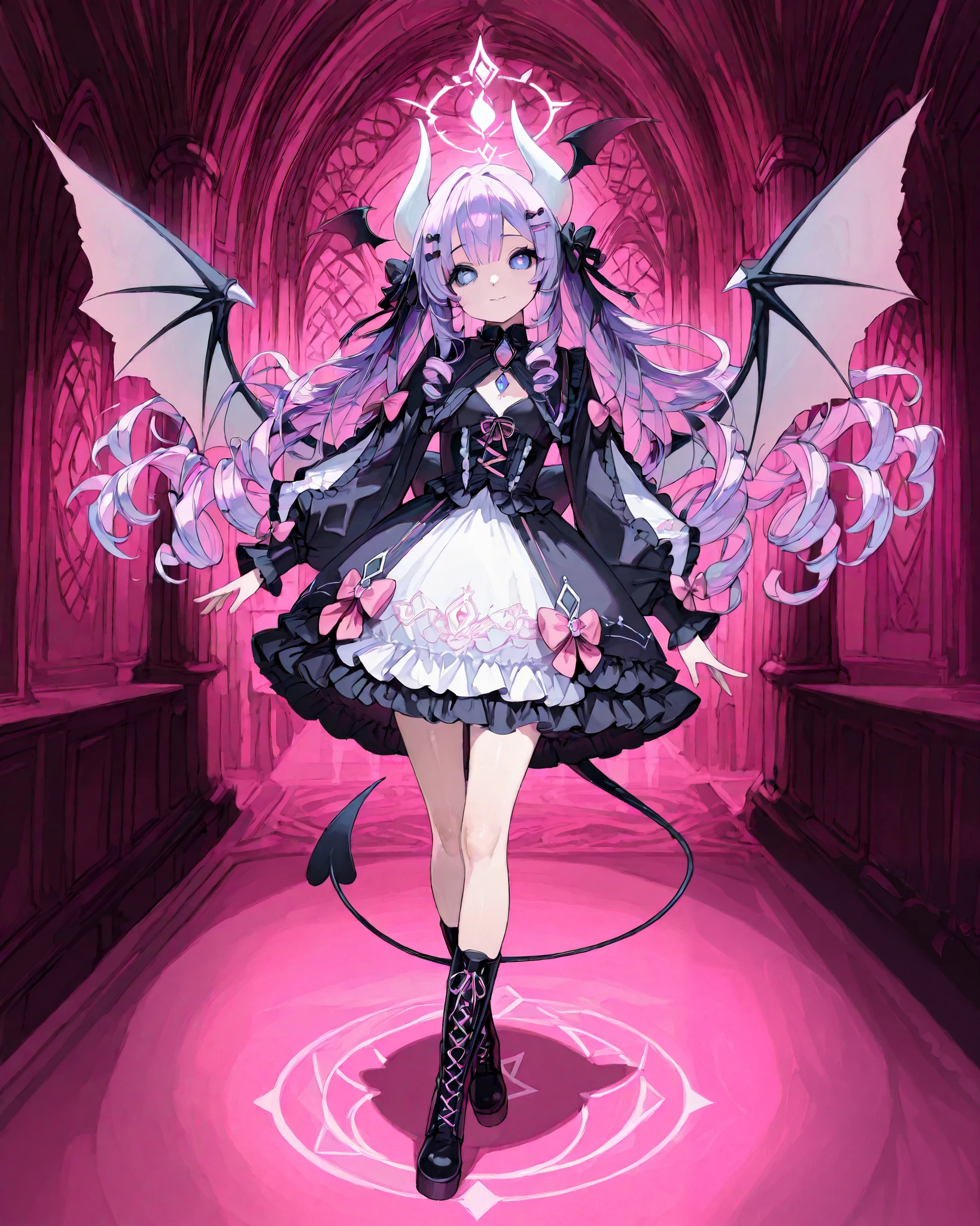 The girl is a devil/ pastel goth. She has long curly puffy purple hair with pink highlights with many white bow-hairpins. She has a ear wings. She has navi blue eyes with cat-like pupils. She has long white horns with pink ribbons. white webbed wings on the back and a white devil's tail with a little pink bow. She is wearing a pink-white ta pastel goth dress with ribbons and bows with long puffy sleeves that hide her palms. She has a puffy collar with a red ribbon and a blue stone on her chest. She has long legs dressed in pink lace-up boots and white with bows. She is walking around in a pink-black gothic room among mannequins decorated with purple ribbons.