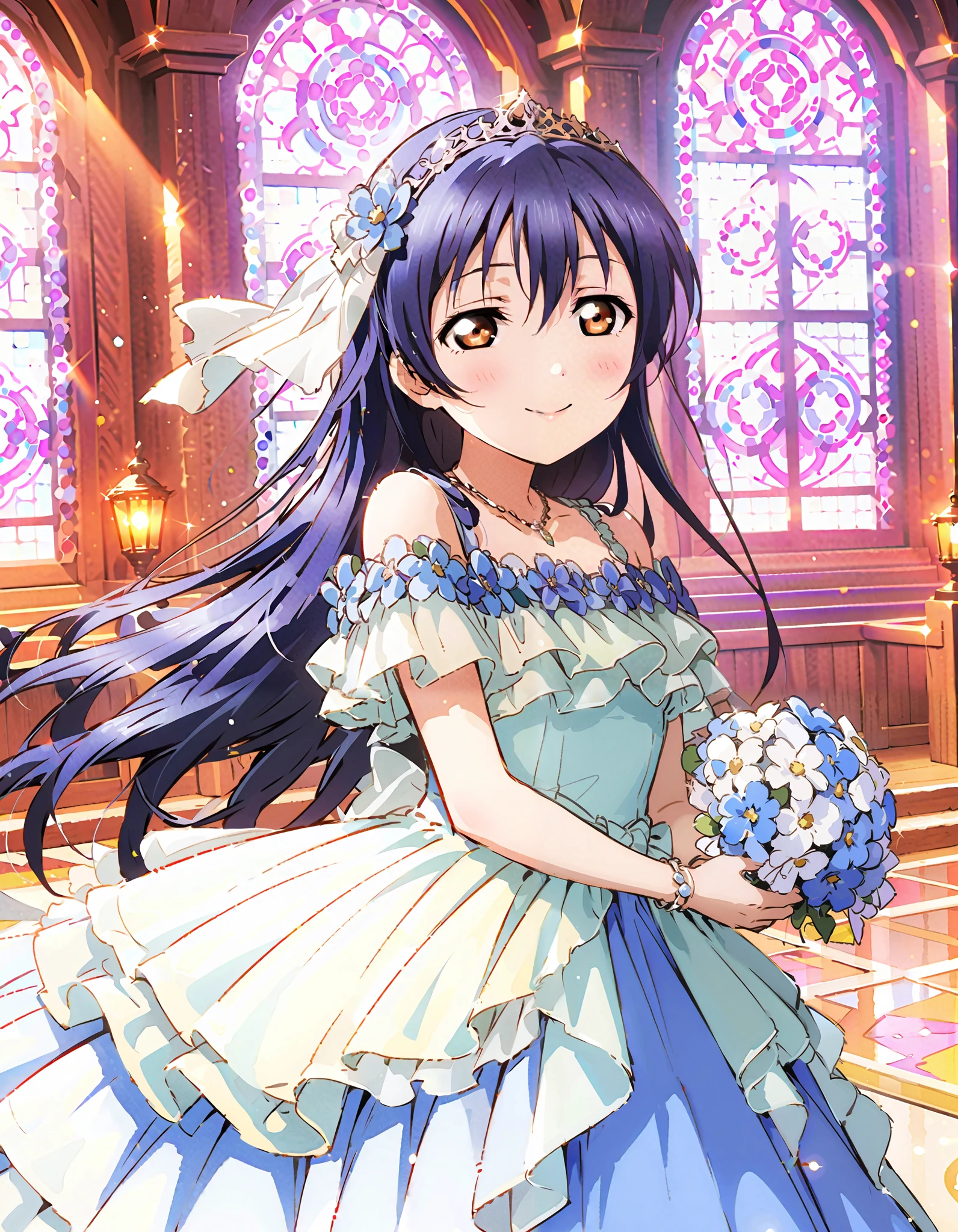 Umi Sonoda , long hair, bangs, brown eyes, lantern,smile,, open your mouth , Blue off-shoulder dress, wedding long skirt with a bouquet of flowers in both hands, Veil, tiara , necklaces,bouquet, Blue Flower, standing, Stained Glass ,full bodyが eye drop illustrationに入るように, break indoors, Chapel,church,
break looking at viewer,full body,
break ( masterpiece:1.2), top quality, oconnor , Unity 8k wallpaper, ( eye drop illustration:0.8), ( shape so that my whole body fits into an illustration with my eyes lowered :1.6), very beautiful faces , perfect lighting , very detailed CG , ( perfect hands, Completely-Wide),