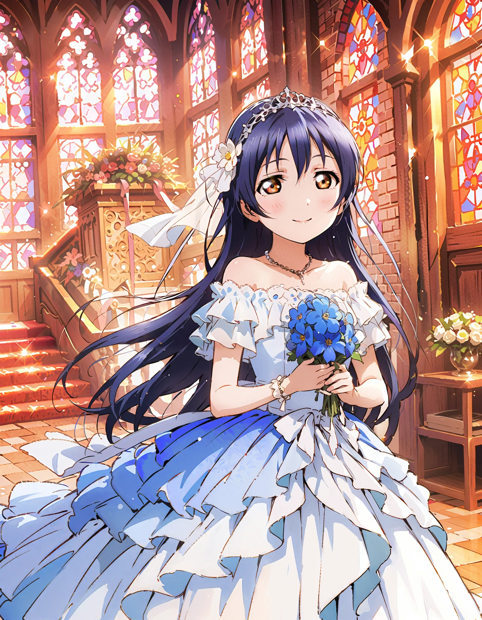 Umi Sonoda , long hair, bangs, brown eyes, lantern,smile,, open your mouth , Blue off-shoulder dress, wedding long skirt with a bouquet of flowers in both hands, Veil, tiara , necklaces,bouquet, Blue Flower, standing, Stained Glass ,full bodyが eye drop illustrationに入るように, break indoors, Chapel,church,
break looking at viewer,full body,
break ( masterpiece:1.2), top quality, oconnor , Unity 8k wallpaper, ( eye drop illustration:0.8), ( shape so that my whole body fits into an illustration with my eyes lowered :1.6), very beautiful faces , perfect lighting , very detailed CG , ( perfect hands, Completely-Wide),