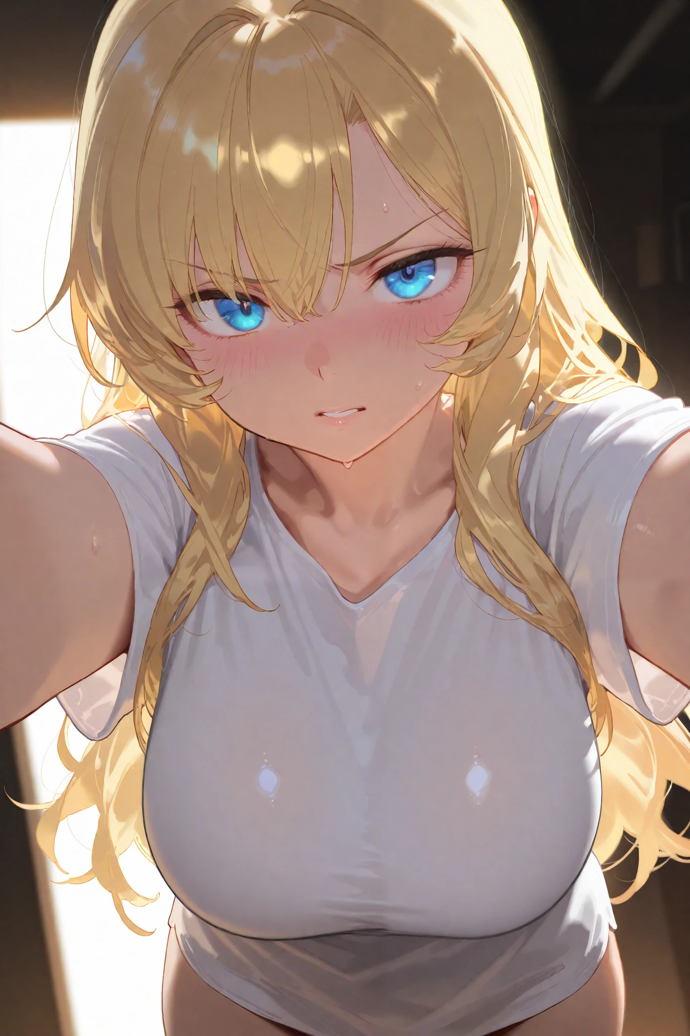 Blonde Long Hair ,with blue eyes,natural eyes falling down,Very big breasts,white t-shirt, seductive body ,black, blush,Energetic,The one that caught the user,anger,
