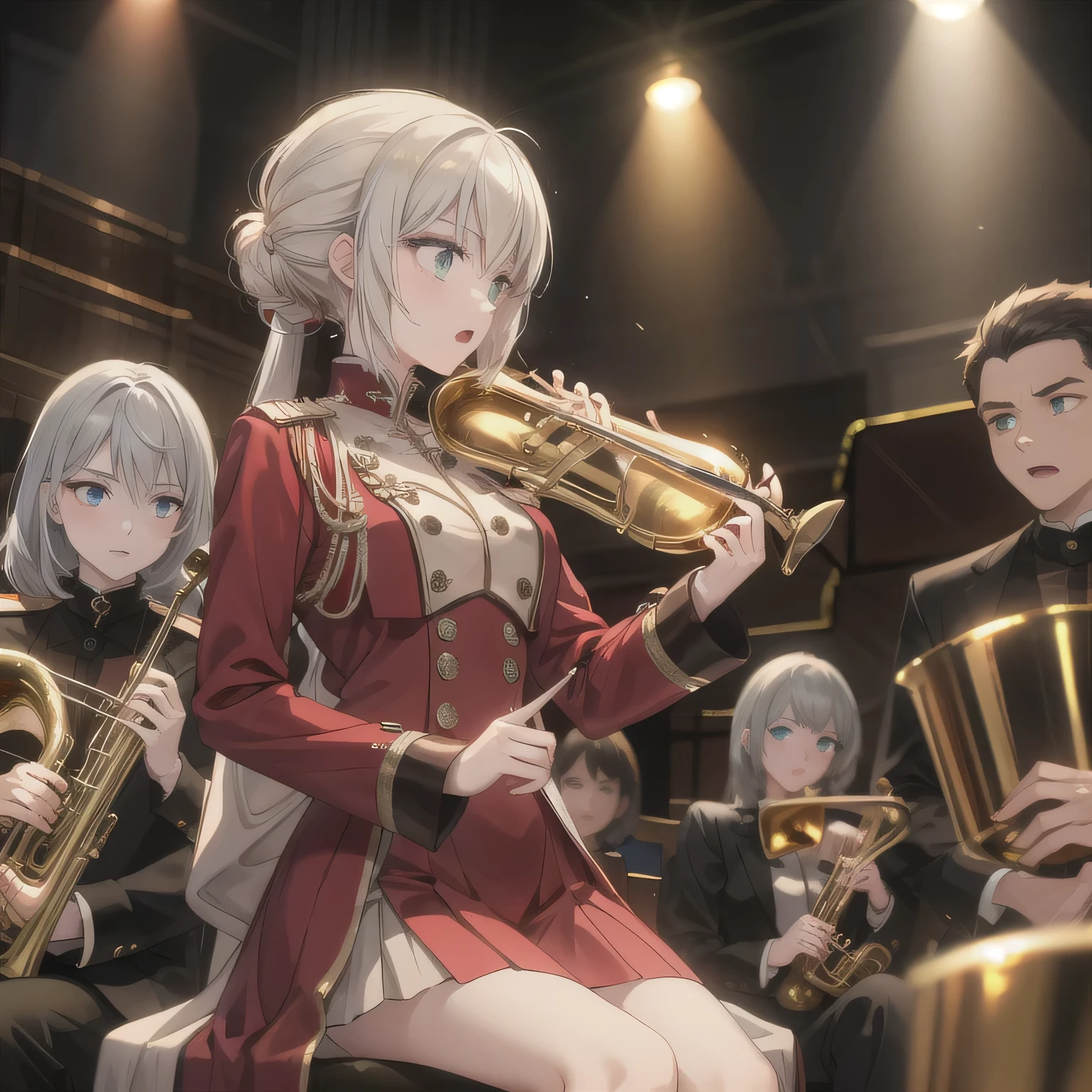 Depict a 20-year-old, dazzlingly beautiful woman playing a brass instrument in a grand concert hall. She wears an elegant yet practical band uniform, designed with intricate gold embroidery. Her posture is poised, fingers positioned with precision, her eyes focused as she plays passionately. The warm stage lighting highlights the shine of her instrument, creating a visually striking contrast between her and the surrounding orchestra. Grey hair, green eyes.