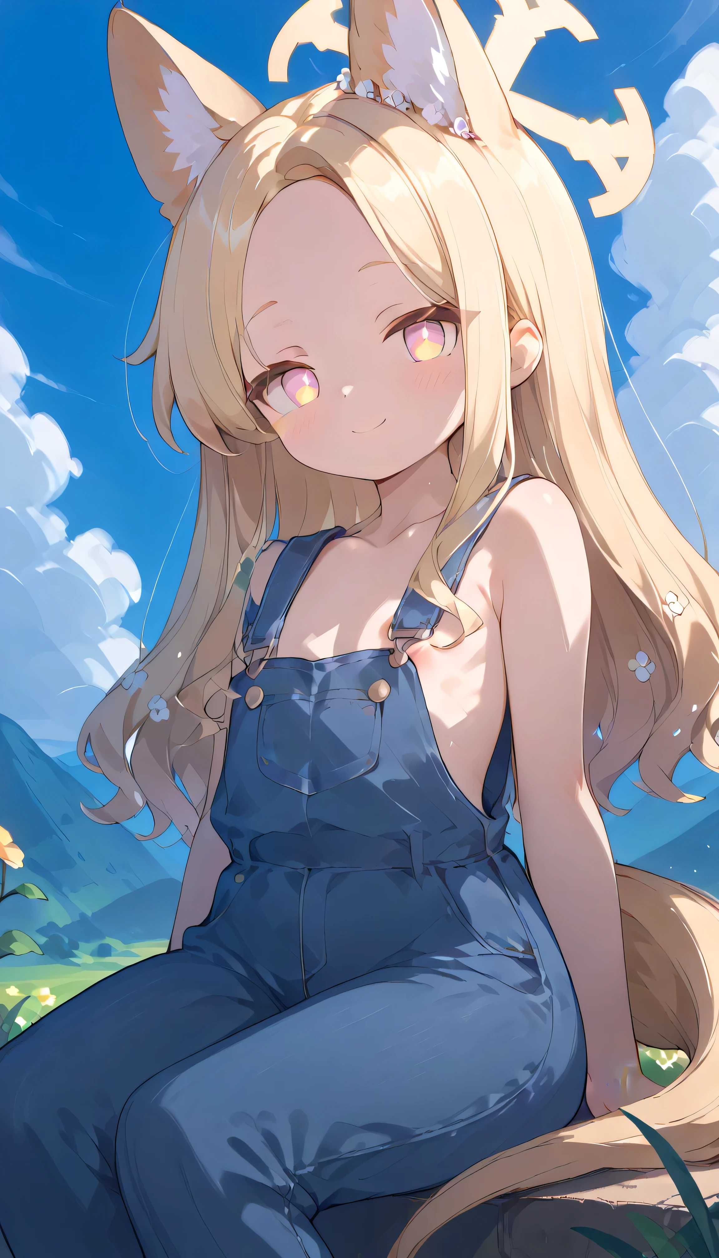 Until (blue archive) multicolored eyes, blonde hair,long hair,animal ears,halo,forehead, , tail, flat chest, alone, showing eyebrows from inside the hair , viewers, masterpiece, highest quality, very aesthetic, thick thighs, Outdoors blue sky Flower Field 麦わら帽子
naked overalls, overalls, sideboob, cleavage, areola, smile Sit on the bench sit