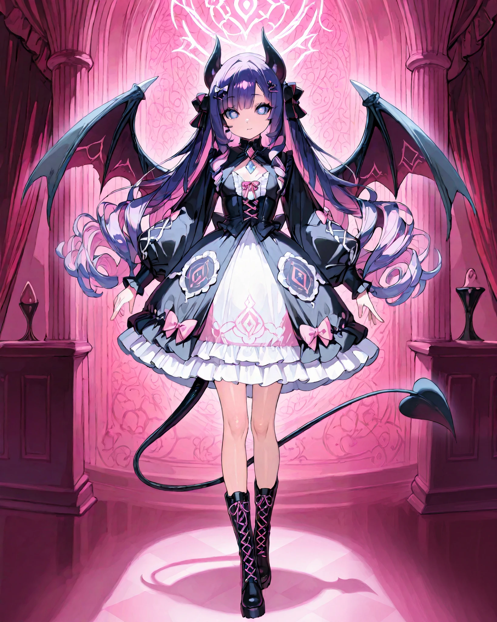 The girl is a devil/ pastel goth. She has long curly puffy purple hair with pink highlights with many white bow-hairpins. She has a ear wings. She has navi blue eyes with cat-like pupils. She has long white horns with pink ribbons. white webbed wings on the back and a white devil's tail with a little pink bow. She is wearing a pink-white ta pastel goth dress with ribbons and bows with long puffy sleeves that hide her palms. She has a puffy collar with a red ribbon and a blue stone on her chest. She has long legs dressed in pink lace-up boots and white with bows. She is walking around in a pink-black gothic room among mannequins decorated with purple ribbons.