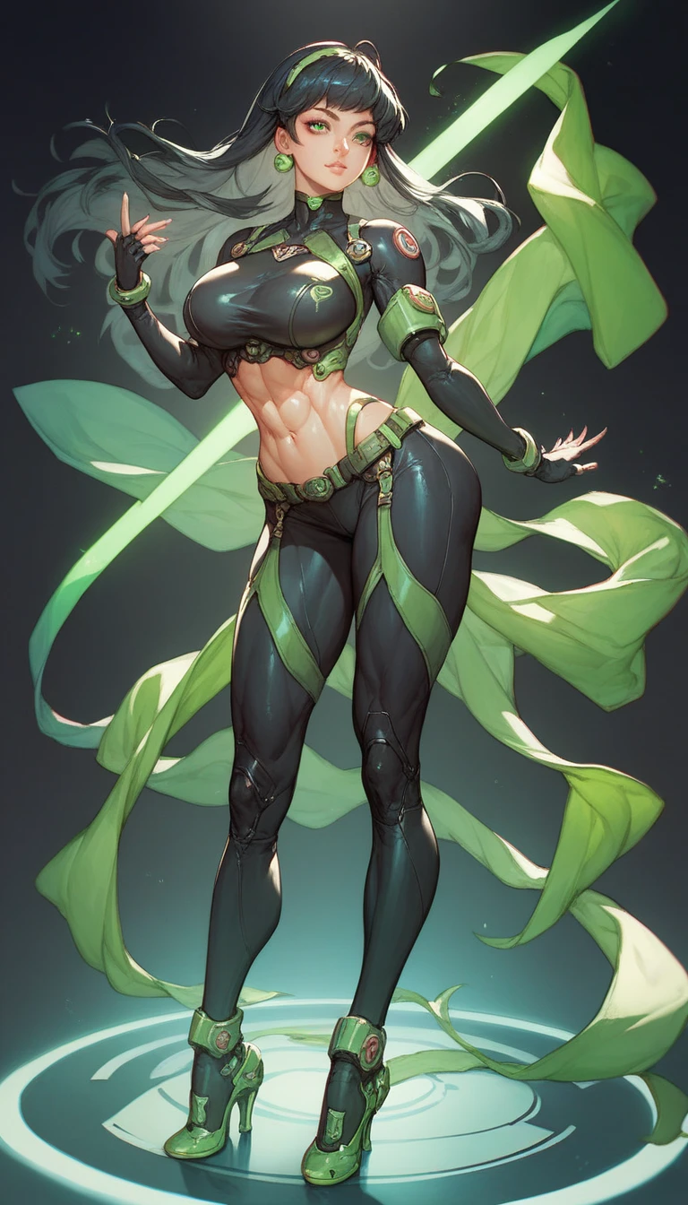 1girl,solo,((green skin,colored skin)),medium breasts,green hair,short hair,double bun,elf ears,pink eyes, empress of nature dress,black pantyhose,(((yellow halo))),(night castle in forest), night,