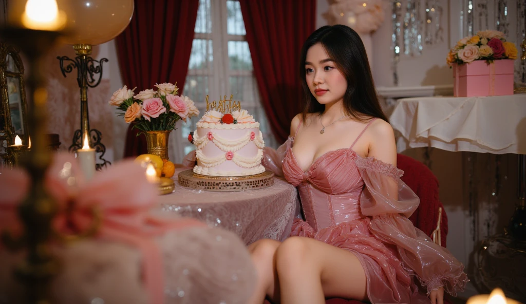 (8k, best quality, masterpiece:1.2), Female((30year old)), hair((long, wavy, black)), eyes((smart eyes, black eyes contact)), ((latex bodysuit, pink, pink)), accessories ((hairpin, earrings, wearing hood)), big boobs: 1.3, gigantic breast:1.2, korean make-up look, field, sunset, smile expression, armpits, hands up,