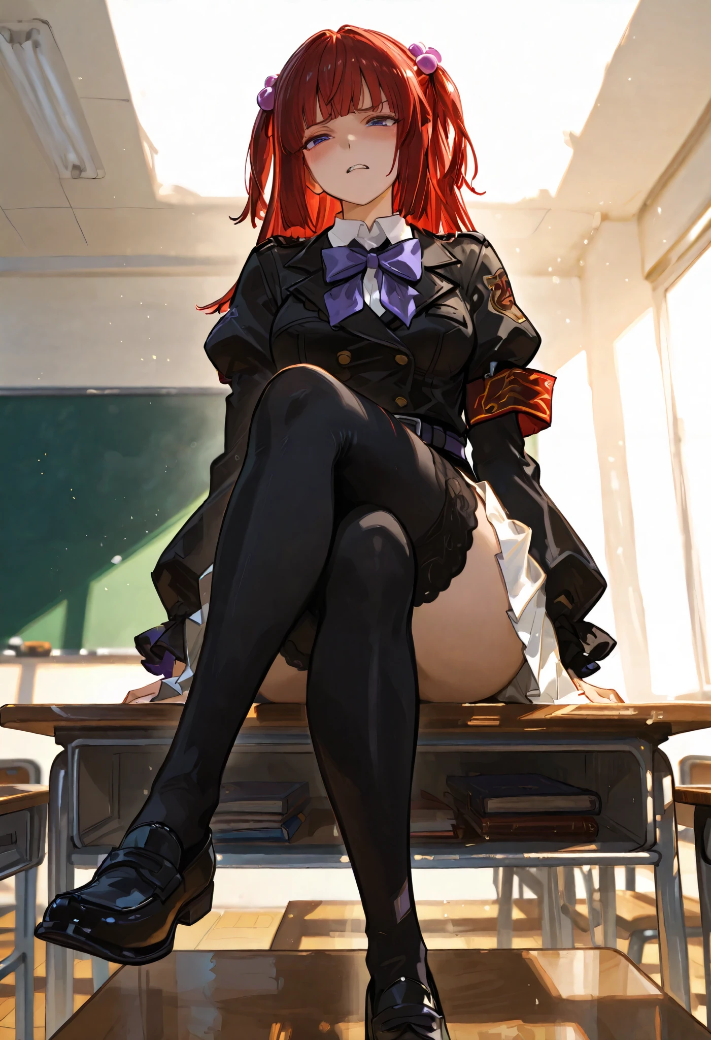 perfect quality, best quality, absolutely eye-catching, cinematic, (masterpiece), (ultra-detailed), Soft lighting, very aesthetic, illustration, perfect composition, ultra detailed face, detailed eyes, blue eyes, 1girl, solo,, full body, black jacket, white skirt, purple bowtie, armband, ushiromiya ange, looking at viewer, red hair, hair bobbles, hair ornament, long hair, black stockings, sitting on desk, classroom, crossed legs, low view, Disgusted face