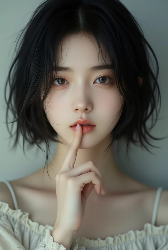 half nude figure fingertips touch own lips with self hand while kneering down and positive approaching for a kiss neat pure girl is beautiful japanese female and beautiful russian female mixed race only in the face age is 15 features of the whole body black hair medium straight bob cut hair style beautiful small face with short eyelashes boyish eyes only high nose dark blue pupils very thin upper lip milky white skin accurate attractive body shape beautiful bust waist hip s thighs knees legs choker and tie on neck take off school uniform with dark blue skirt half opend eyes shy enamored face kindly and slight in hotel