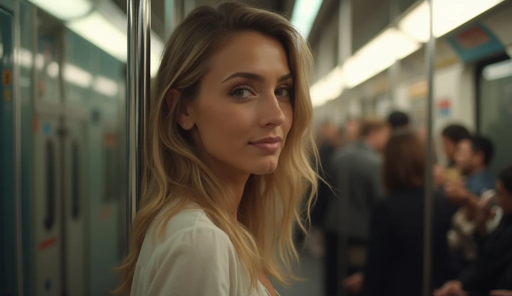 8k, RAWphotograph, (Highly detailed skin: 1.2), (View from above: 1.5), ((Cute topless girl on a crowded train)), photograph, masterpiece, Highest quality, Dark Gray Background, One Girl、Gorgeous bright blonde hair with blue eyes, Beautiful white woman with big butt, Ample breasts and white skin, Various poses,((Big ample breasts ), (((Very soft breasts)), Highly detailed face, Detailed eyes, At a crowded station, ((No close-ups)), ((Whole Body Ezbian)),Highly detailed nipples, Under the skirt,Mischievous face,teeth,shame smile、