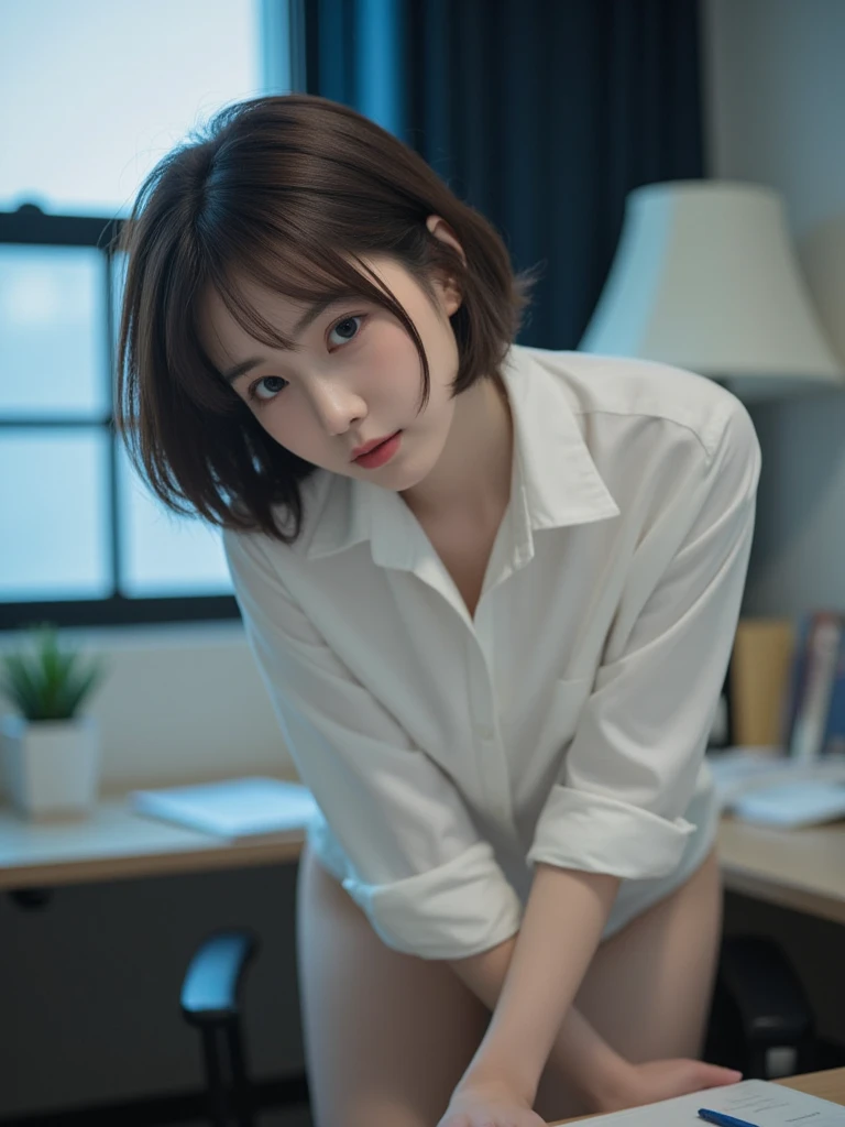 ((of the highest quality, 8K, masutepiece: 1.3, Raw photo)), Sharp Focus: 1.2, (1 AESPA Girl :1.1), Solo, (Realistic, Photorealistic: 1.37), (Face Focus: 1.1), Cute face, hyperdetailed face, short messy hair, Small Smile, small breasts, flat chest, nude, button down shirt, chiffon panties, office room, up-from-under look, thigh