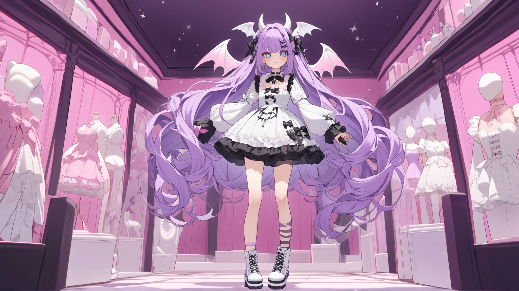The girl is a devil/ pastel goth. She has long curly puffy purple hair with pink highlights with many white bow-hairpins. She has a ear wings. She has navi blue eyes with cat-like pupils. She has long white horns with pink ribbons. white webbed wings on the back and a white devil's tail with a little pink bow. She is wearing a pink-white ta pastel goth dress with ribbons and bows with long puffy sleeves that hide her palms. She has a puffy collar with a red ribbon and a blue stone on her chest. She has long legs dressed in pink lace-up boots and white with bows. She is walking around in a pink-black gothic room among mannequins decorated with purple ribbons.