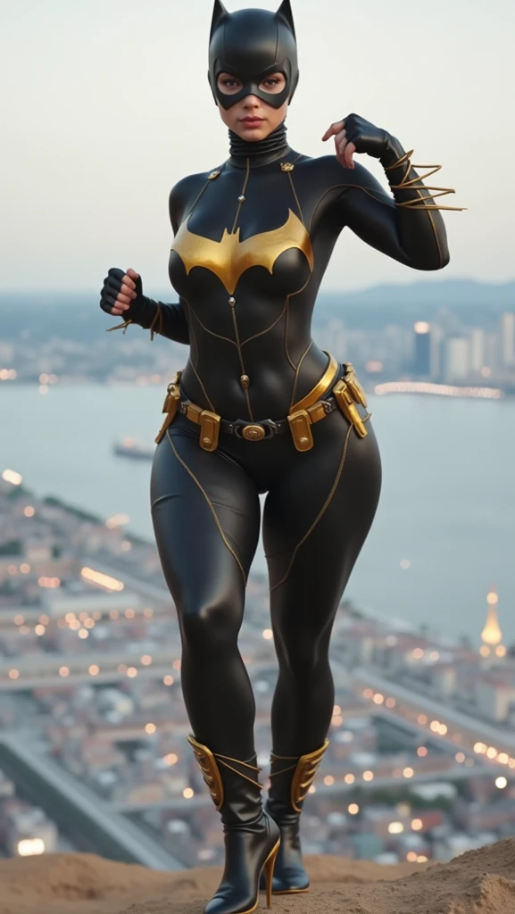 (ultra realistic,32k, masterpiece:1.2),(high detailed skin:1.1),( high quality:1.1), 
<lora:cassandracain-nvwls-v1:0.7>cassandra, black hair, short hair, cape, bodysuit, black bodysuit, belt, belt pouch, black gloves, black pants, shiny latex, , <lora:add_detail:0.78>,(huge breast:1.2),Squatting with arms hanging between knees2
,(golden hour:1.1),  blank background