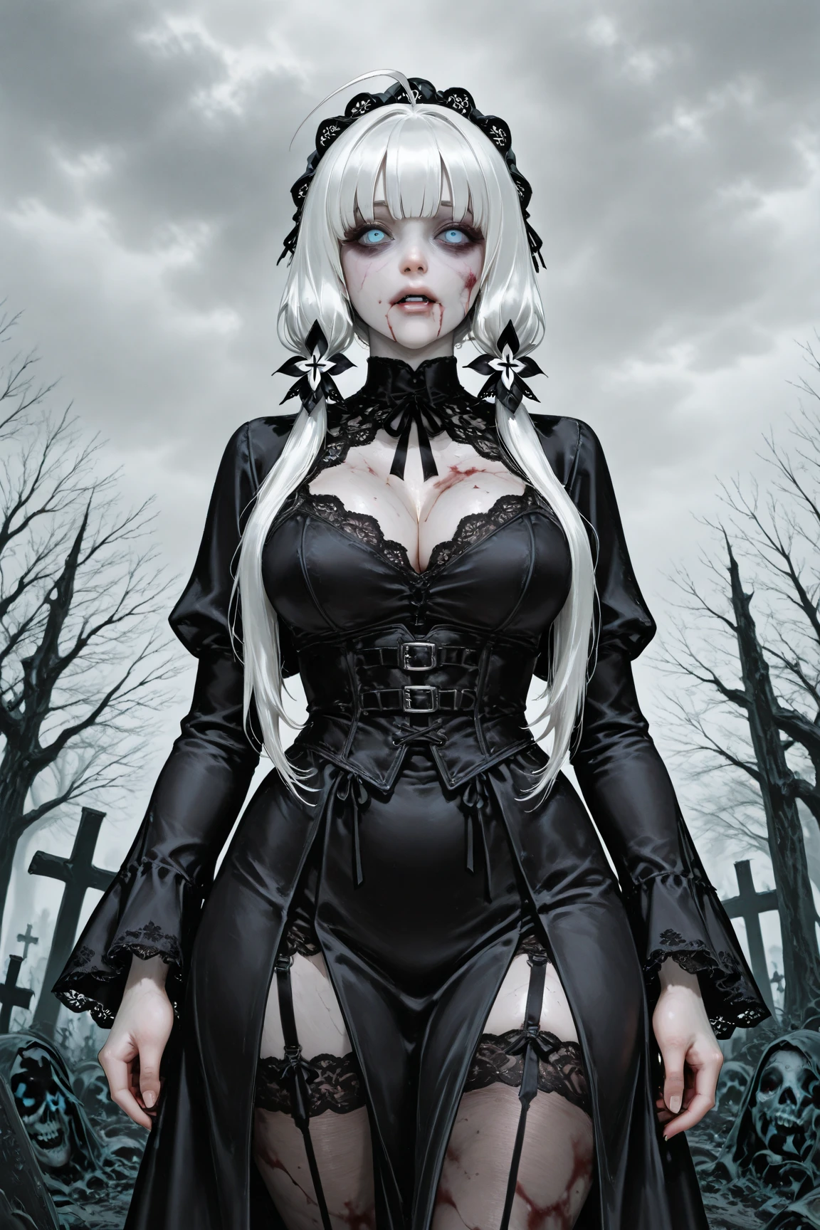 a blonde girl with platinum blonde hair, small natural breasts, in a cemetery, gothic ta dress, breasts exposed with pierced nipples, multiple silver crucifixes, dark and moody atmosphere, gothic fashion, highly detailed, hyper realistic, 8k, photorealistic, dramatic lighting, dramatic shadows, dramatic colors, rich textures