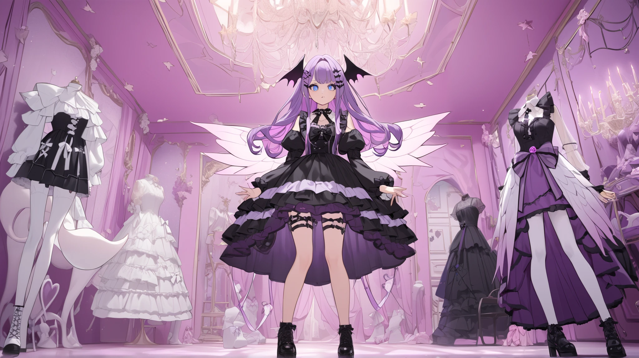 The girl is a devil/ pastel goth. She has long curly puffy purple hair with pink highlights with many white bow-hairpins. She has a ear wings. She has navi blue eyes with cat-like pupils. She has long white horns with pink ribbons. white webbed wings on the back and a white devil's tail with a little pink bow. She is wearing a pink-white ta pastel goth dress with ribbons and bows with long puffy sleeves that hide her palms. She has a puffy collar with a red ribbon and a blue stone on her chest. She has long legs dressed in pink lace-up boots and white with bows. She is walking around in a pink-black gothic room among mannequins decorated with purple ribbons.