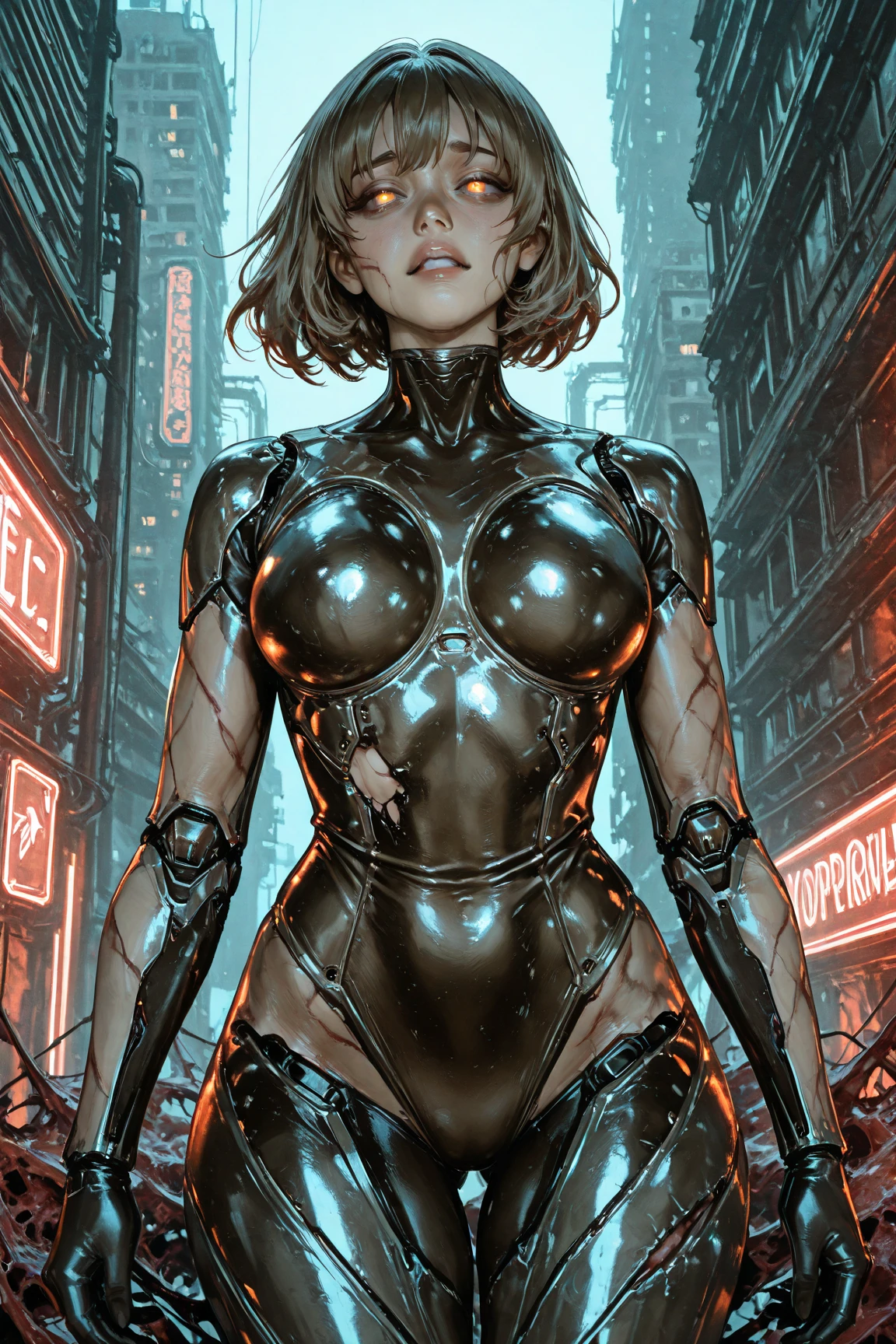 ((best qualityer)), (((Annie Lennox))), (((classic color clothes))), (((slim))), (Muscles),  (((metallic suit))), ((Perfect masterpiece)), (detailded: 1.4), (absurdrez), (((super short hair))), (((full body fitness, neckline showing part of the breasts)), (((short hair woman, blushful))), 21 year old woman, beautiful sexy woman, giant robot pilot, wild with perfect corpo fitness, wearing small mecha battle armor clothes, tiny thong, Simon Bisley styled for the cover of Heavy Metal magazine, clothing with Japanese cyberpunk graphic patterns, Halftone pattern and vertical stripes, earth tone, exiting the body of a giant robot