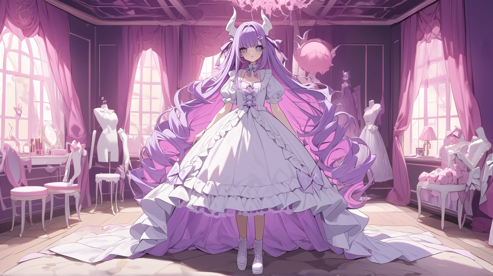 The girl is a devil/ pastel goth. She has long curly puffy purple hair with pink highlights with many white bow-hairpins. She has a ear wings. She has navi blue eyes with cat-like pupils. She has long white horns with pink ribbons. white webbed wings on the back and a white devil's tail with a little pink bow. She is wearing a pink-white ta pastel goth dress with ribbons and bows with long puffy sleeves that hide her palms. She has a puffy collar with a red ribbon and a blue stone on her chest. She has long legs dressed in pink lace-up boots and white with bows. She is walking around in a pink-black gothic room among mannequins decorated with purple ribbons.