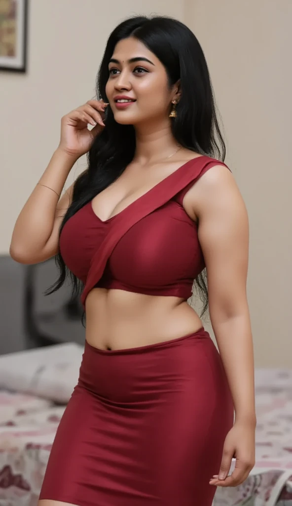 busty Indian teen in micro pant, shy, red mini top, hourglass body, hands on hip