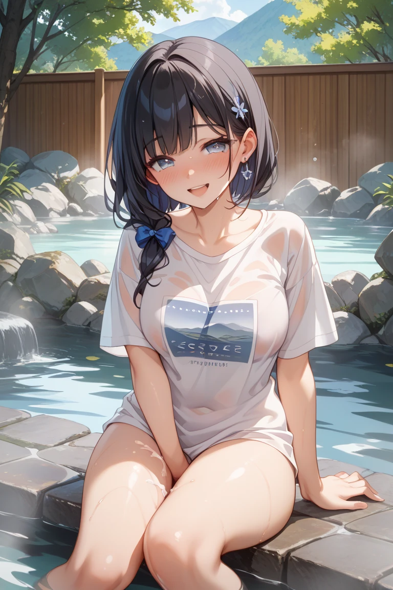 (Masterpiece, top quality, detailed drawing, beautiful hair, beautiful eyes, perfect face, perfect and correct human anatomy), summer, summer sun, big garden with white house, short twintails hair, black hair, very baby face, droopy eyes, heterochromia, pink eye, orange eye, very huge breasts, height 145cm Girl wearing a too tight navel-baring white t-shirt, short pencil skirt in denim fabric, sitting sloppily with her hands in a miniature swimming pool with a placement around her, heat exhaustion, downcast eyes, sweaty, waterlogged, sun burnt scars