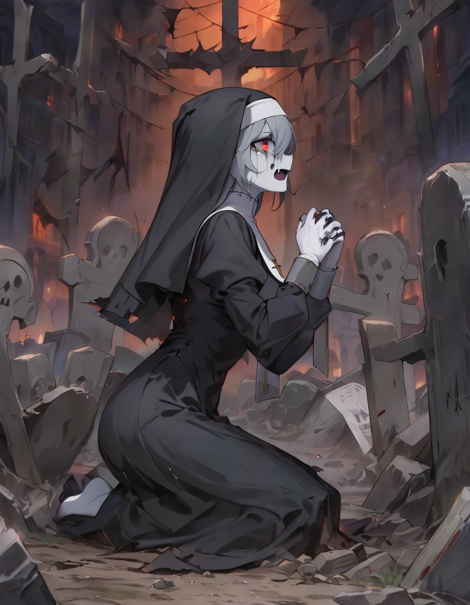 ((masterpiece,best quality,extremely detailed,absurdres)),(dark fantasy illustrations),night,ruined graveyard,breaking tombstone,rubbles,1girl,(nun,undead),((pale skin)),kneeling,from side,red eyes,sharp fang,crying,(tears),digging the ground with hands,