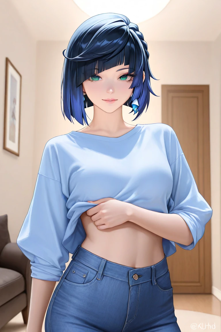 A beautiful woman with blue hair and yellow eyes, wearing a white long-sleeved top, long blue jeans, and a gold belt, lying on a wooden bed with her hands behind her head, smiling and looking at the viewer, with a mask on her head, in a cinematic lighting setting, masterfully rendered in high quality, high resolution, and ultra-detailed.