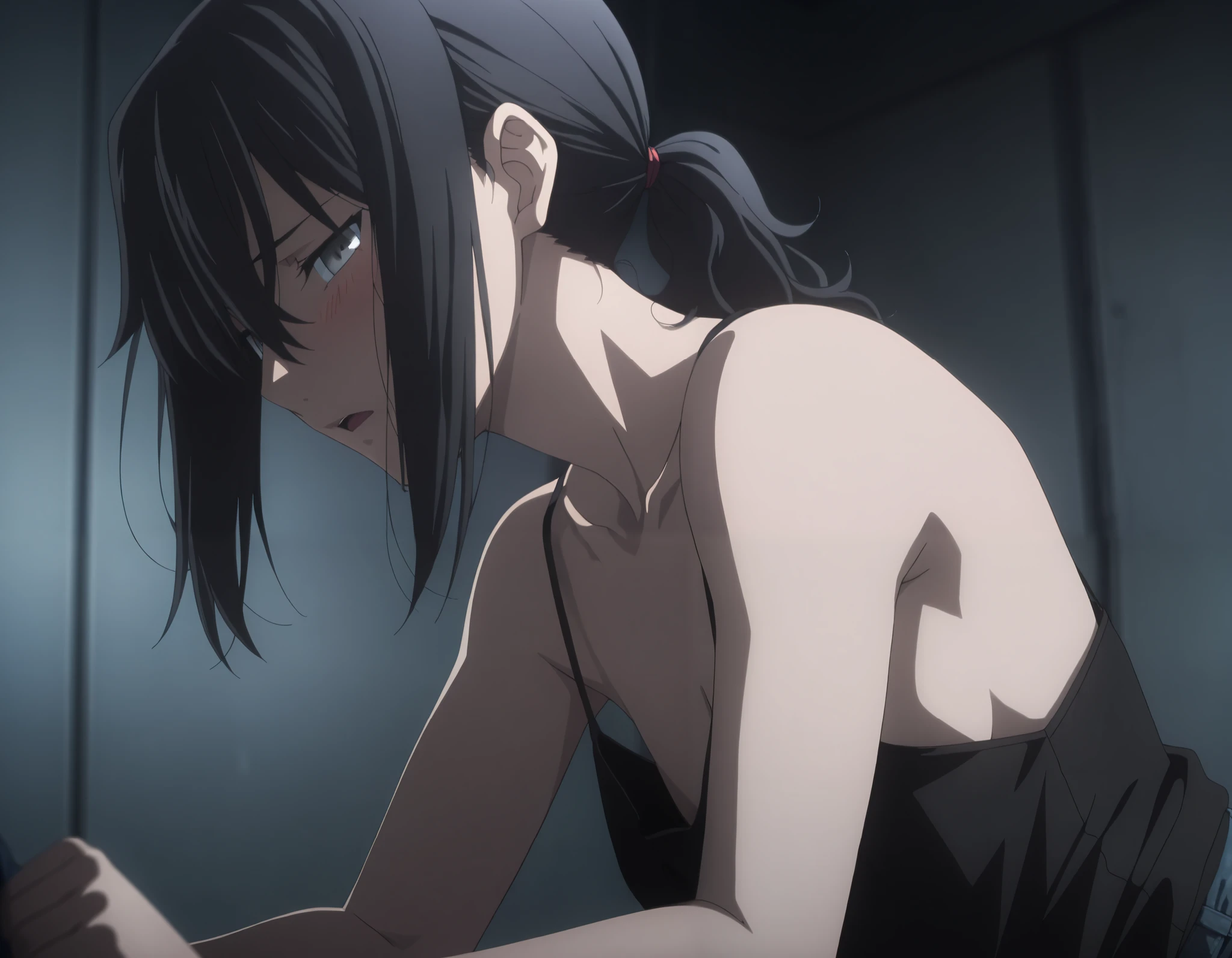 masterpiece, best quality, amazing quality, highres, absurdres, very aesthetic, high resolution, ultra detailed, perfect details, midnight, ,indoors, (upper body), ufotable style, dark room,, (from side), ,
1girl, solo, ufotable style, anime style, (anime coloring:1.5), (anime screencap:1.2) ,(aged up:1.4),
girl, mature, ToukoAozaki,, slim body, slender body, ,Fate Grand Order, fate, Fate Grand Order, medium hair, (straight hair, low ponytail), light gray eyes, half eyes closed, black hair, climbing, singing, spooning, (undress black camisole pull), denim pants, (small breast, flat chest), (looking at viewer), embarrassed, blush,