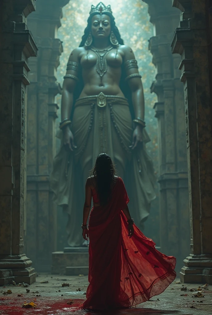 Tang Dynasty Full Dress Tang Dynasty Full Dress A beautiful and fierce young woman in her naked body in the Demon God Temple, casting black magic, while a young man in white robes like a monk stands below, pushing the stone platform below.