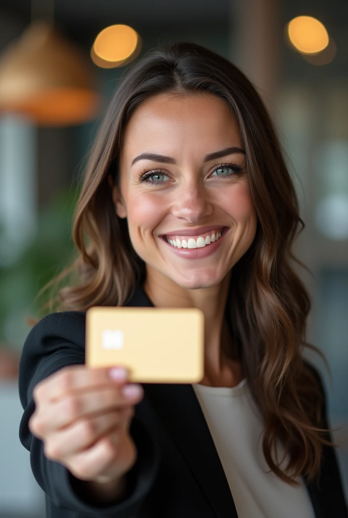 A beautiful woman with long, wavy hair, holding a credit card in one hand, smiling confidently. She is wearing an elegant, modern blouse, and her expression is friendly and calm, suggesting that she feels in control of her finances. The background is soft and blurred to keep the focus on her. The lighting is soft and natural, highlighting your face and the credit card in your hand
