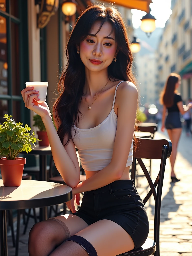 iphone photo, raw photo, day photo, photo of 20 y.o beautiful woman, pale skin, bokeh, motion blur, thai, cafe