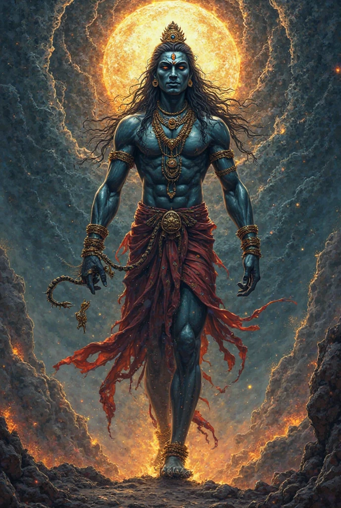 An awe-inspiring depiction of Lord Shiva in his Vishvarupa, the universal form. Shiva is portrayed with a powerful and divine presence, standing tall with multiple arms extending outward, each holding various divine weapons and symbols, such as the trident, drum (damaru), and a flaming torch. His form includes numerous faces, each symbolizing different aspects of creation, destruction, and preservation. The background is a cosmic scene, filled with swirling galaxies, celestial bodies, and a radiant glow that surrounds Shiva, emphasizing his infinite and omnipresent nature. His third eye is open, radiating divine energy, while the crescent moon and Ganga are prominently featured on his head. The image is richly detailed with vibrant colors and intricate textures, capturing the grandeur and complexity of Shiva's universal form.