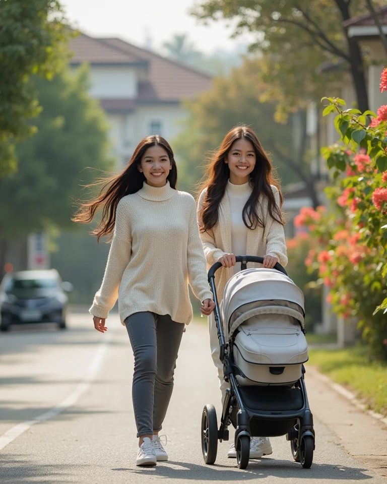 Beautiful woman, with double eyelids, holding a cute little child in her hand, walking on a particularly meaningful road, smiling, walking towards us --auto --s2