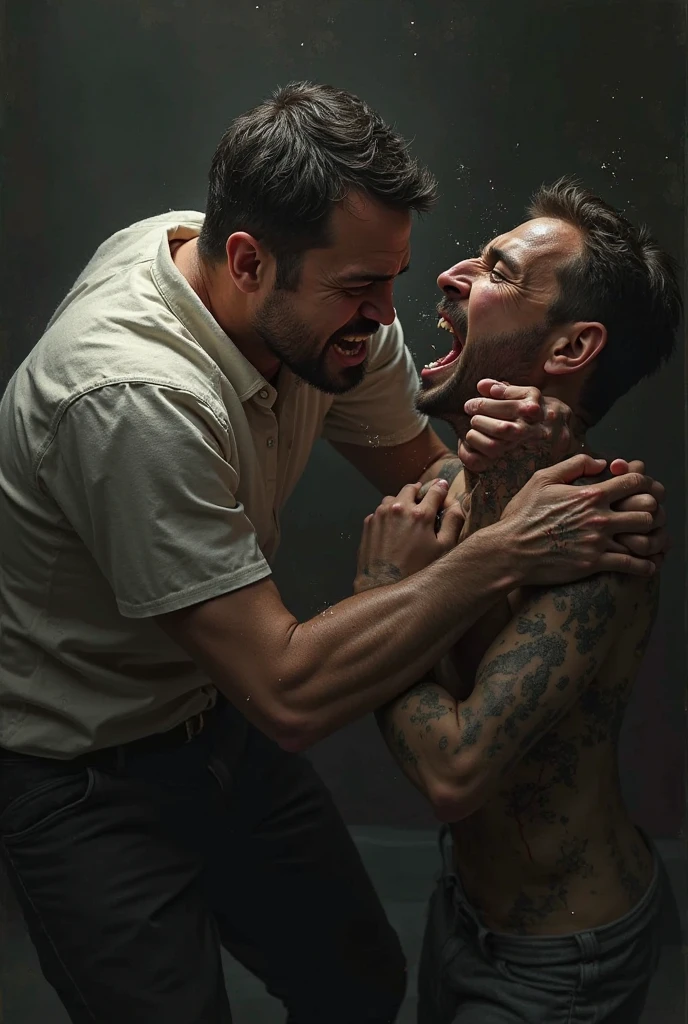 Man with tight surgical gloves choking someone with his hands