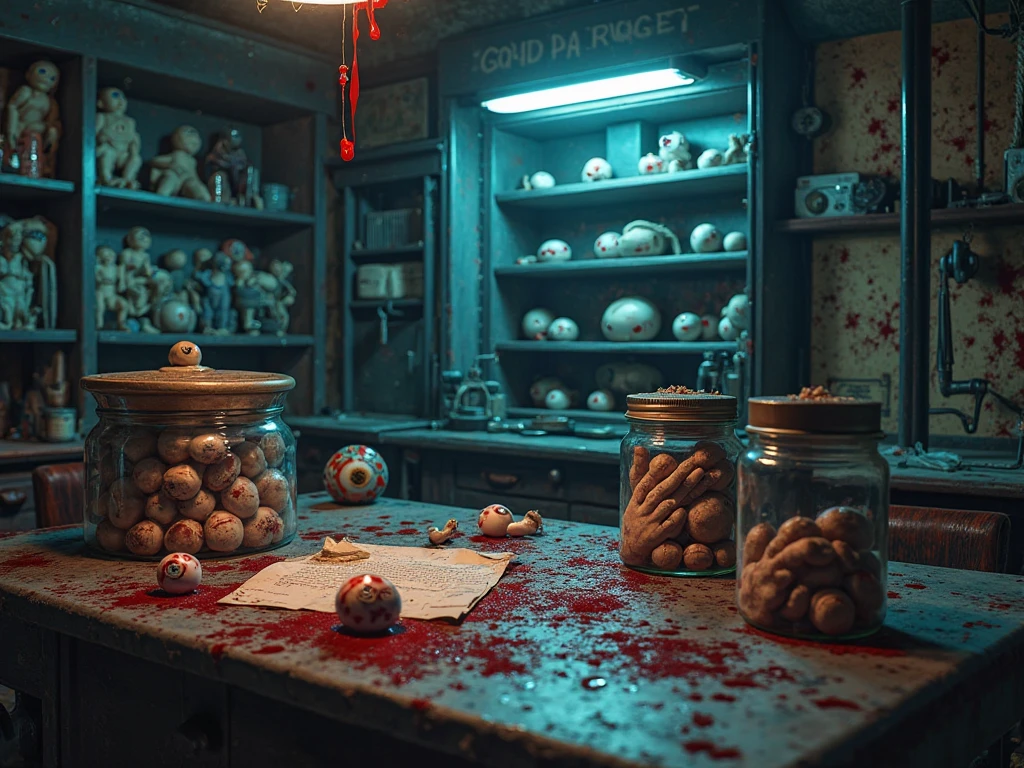 The picture shows a macabre collection of objects in a dark room. On old, Cruel artifacts lie on dusty shelves: Masks made from human skin, bizarre lampshades, and a belt of nipples. The lighting is weak and casts long shadows, which enhance the eerie details.
Everything seems disturbing and scary, in a room, which blurs the line between reality and nightmare.