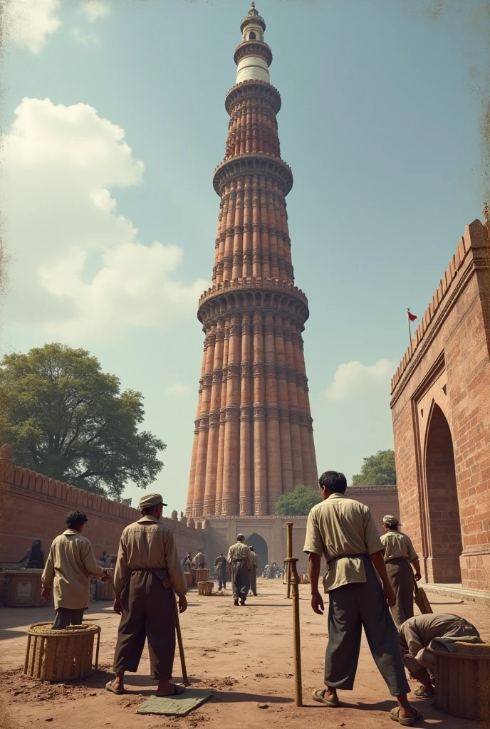 A man walking around tajmahal and a soldier with gun follow him