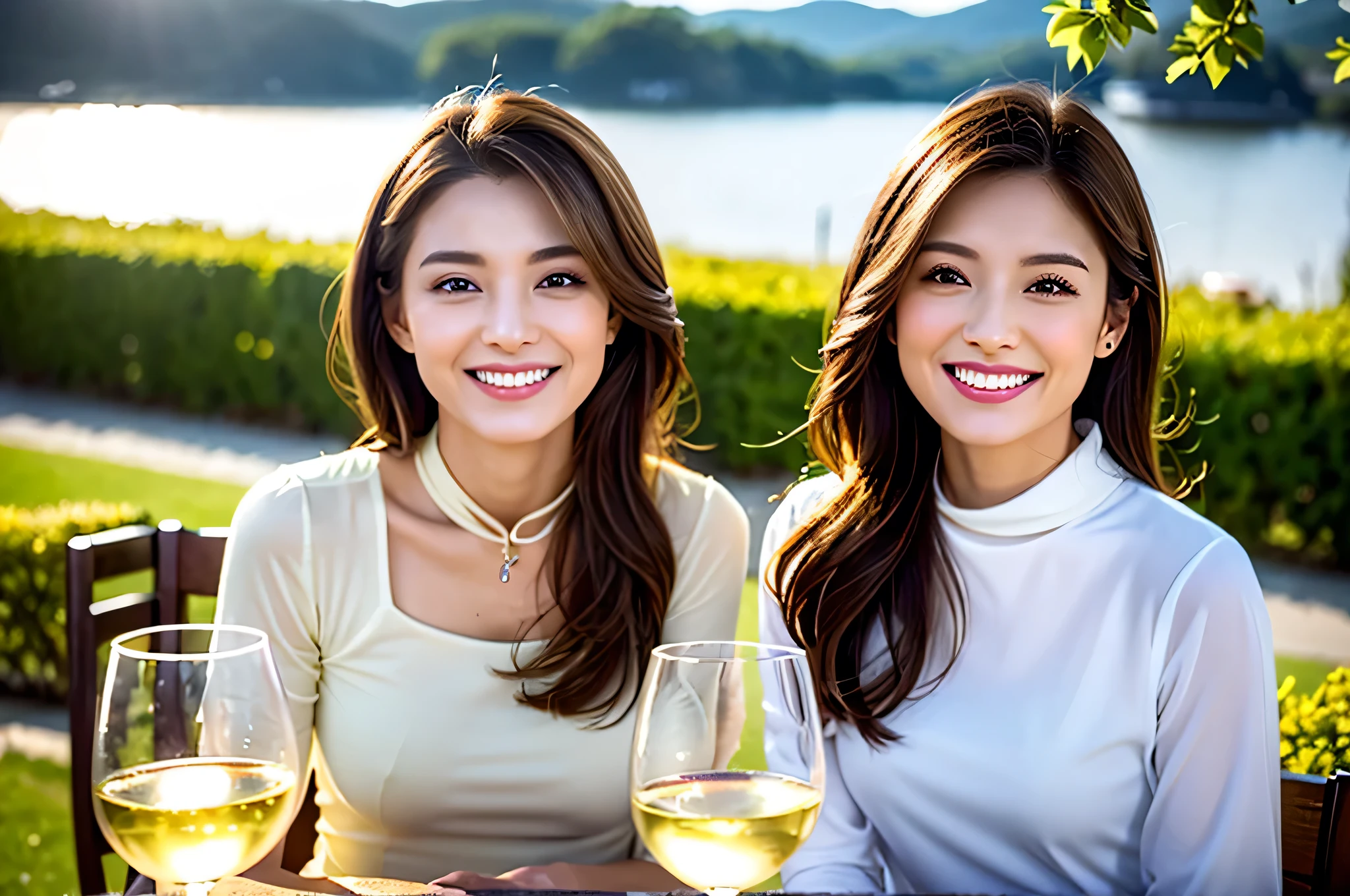 ((Highest quality、8K、masterpiece:1.3))、1 male 1 female,44 years old 39 years old、Slim Beauty、Beautiful couple、Upper Body、smile、 (Slim face), (the body is スリム), (Brown Hair), (Shortcuts), テーブルのフルコースディナーとwine glass、Amazing view of the sunset sky and clouds、smileの美しさ、Wine bottle、sparkling wine、Long sleeve shirt、dress、White wine, red wine, wine glass, Beautiful fine grain, Depth f/2,saturation, High Contrast, Strong light and shadow,Moist Body:1.5、 texture、The hair is very shiny、