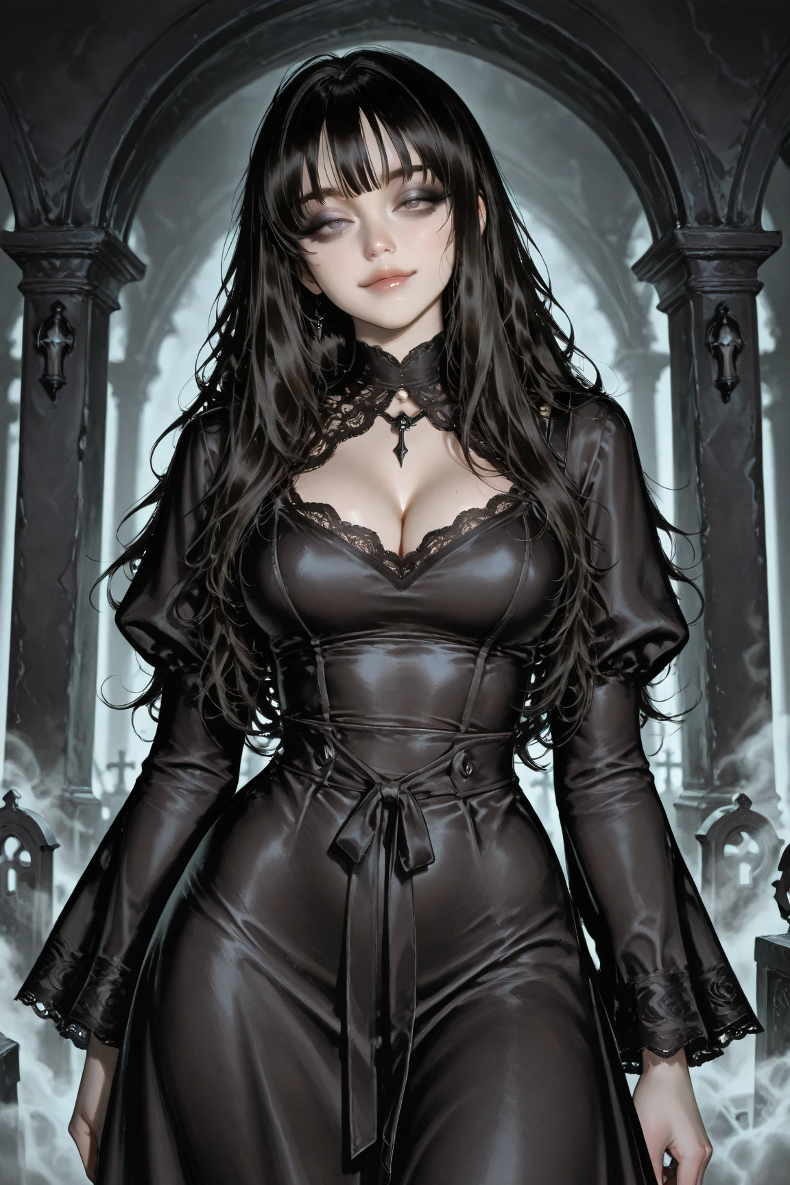 Yennefer, The Witcher, beautiful face, smile, long black hair, tight velvet mini dress, toned body, thin, facing camera, sexy pose, castle interior