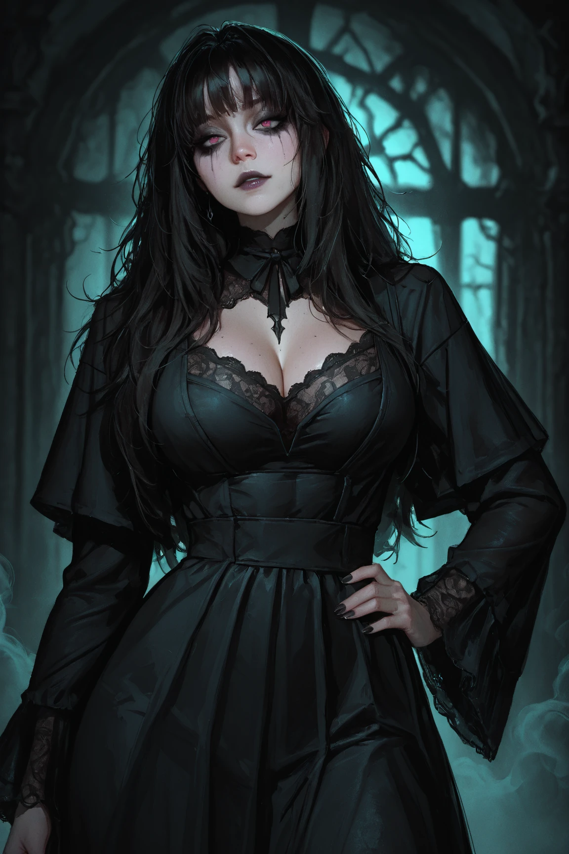 Create a 4k digital painting that depicts a woman dressed in an outfit reminiscent of the Gothic style or a figure from a classic horror film. She is wearing a black dress with a plunging neckline and sleeves that end in fringe. Additionally, she wears a black cap or hat with details that appear to be tied at the front.
The woman's hair is black, voluminous and styled in a high, dramatic hairstyle. Her makeup is striking, with dark shadow around her eyes and dark lipstick, which, together with the expression on her face, gives her an enigmatic and intensely captivating look. Her eyes have a light, intensified color, possibly due to makeup, which contrasts with the darkness of the rest of her makeup and attire.
The woman's position is confident and direct, with her hands lightly positioned on her hips. She sports lots of jewelry, including rings, and has her nails painted a dark shade, which complements her elegant goth look.
The background of the image is a uniform red, which highlights the woman's figure and clothing, creating an attractive contrast that highlights the image's composition. The pose, costume and setting provide a sense of theatricality and mysterious charm.
The painting must convey the dark and elegant atmosphere of the Gothic style, highlighting the details of the costume, makeup and accessories. Lighting and shading should highlight key elements of the scene, creating a dramatic and eye-catching effect.
Be sure to create a high-quality piece of art with attention to detail and an accurate representation of the Gothic style and female figure depicted.