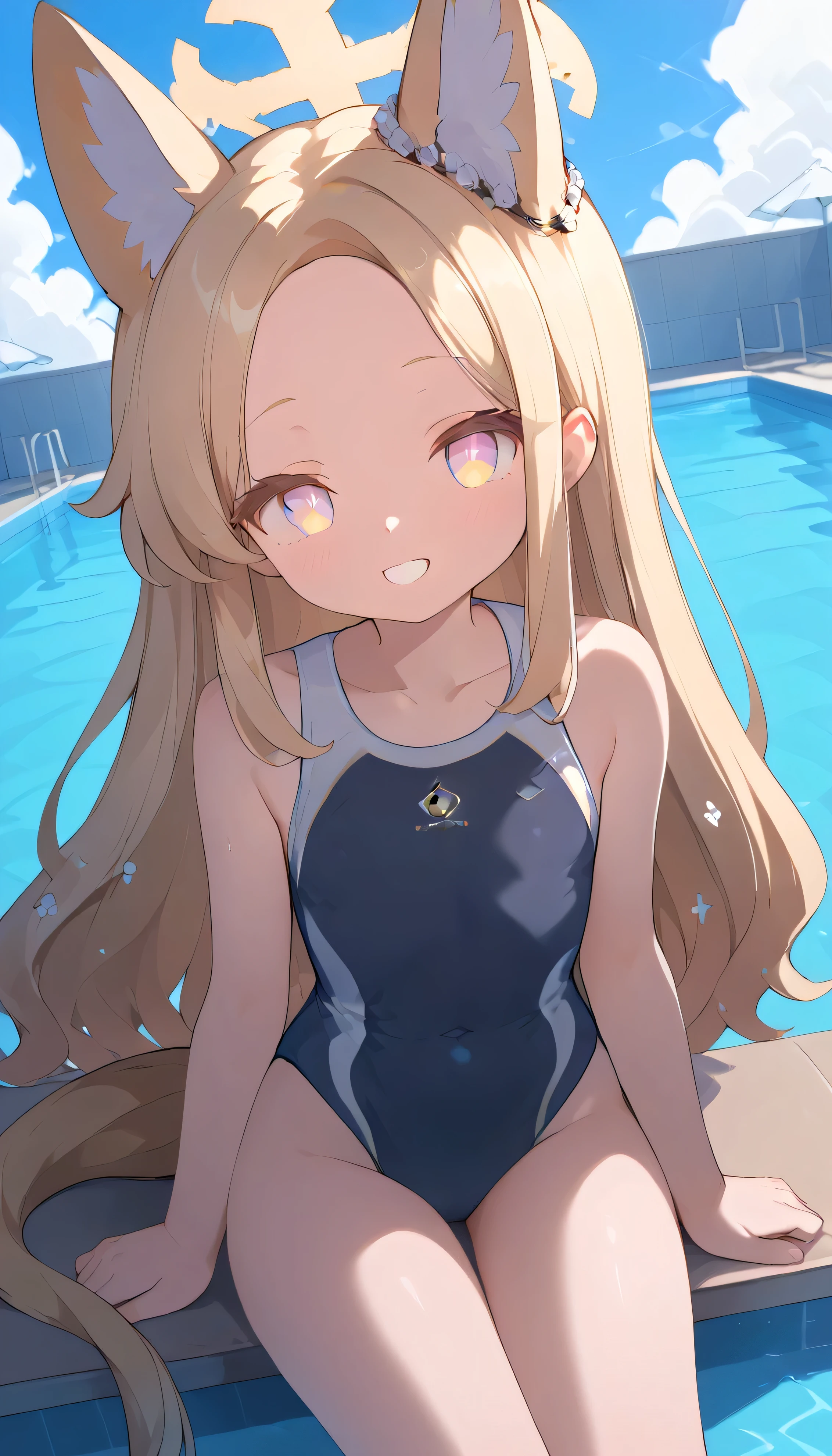 Until (blue archive) multicolored eyes, blonde hair,long hair,animal ears,halo,forehead, , tail, flat chest, Alone, showing eyebrows from inside the hair , viewers, masterpiece, highest quality, very aesthetic, thick thighs, Outdoors blue sky pool swimming trinityswimsuit, competition swimsuit, emblem, smile sit