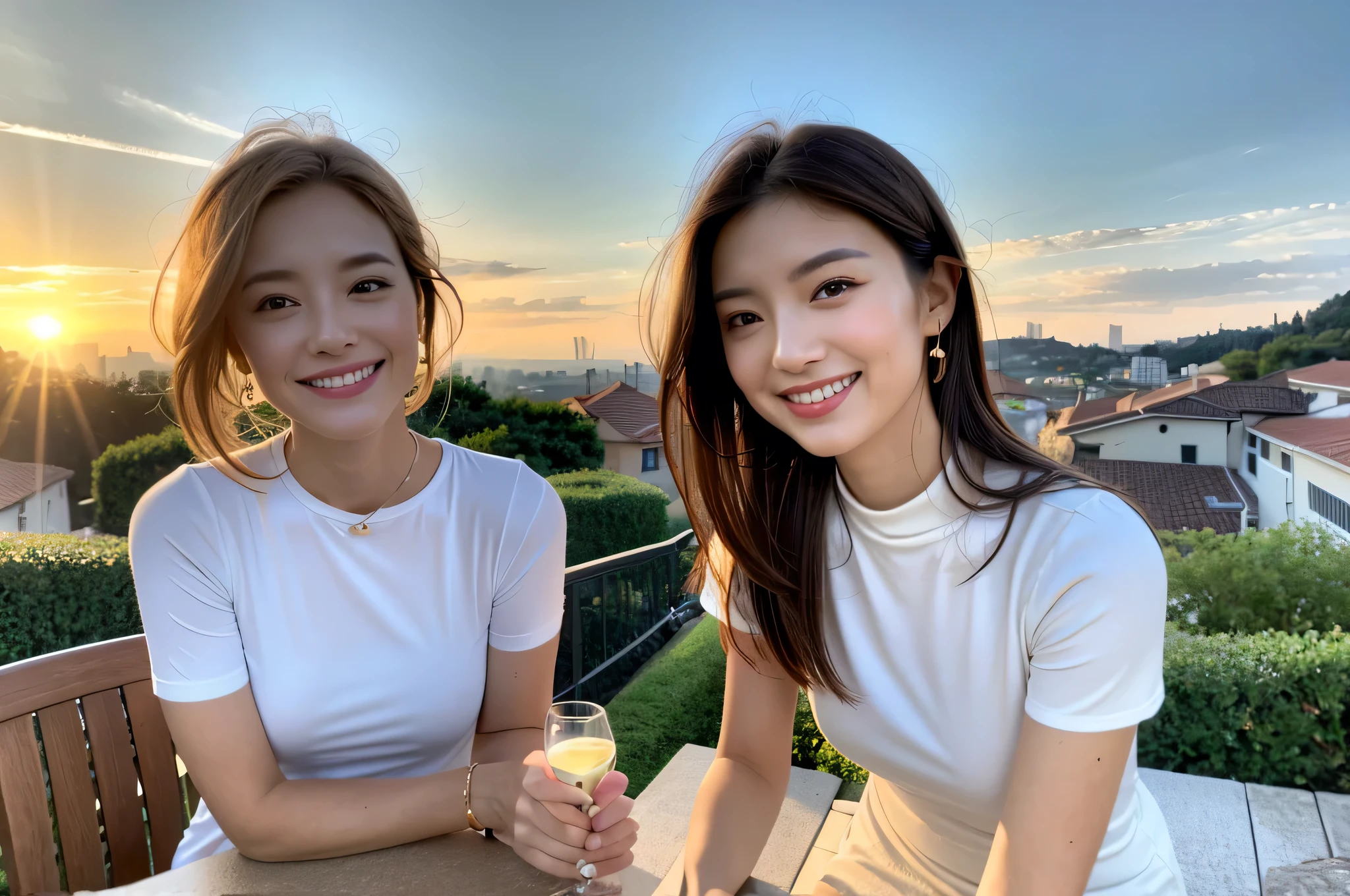 ((White Wine)),(( wine glasses)),(realistic, superrealistic:1.4), 16K HDR, high image quality,((White Wine)),(( wine glasses)),29 years old,Age 31, Japanese Beauty ,so beautiful, turtleneck dress、happy smile、 short hair, best smile、slim couple、Model Couple, Stunning views of the sky and clouds at dusk, DSLR Camera ,detailed background, Usevolume lighting,sit on an outdoor chair and concentrate sharply, super Realistic skin, so beautiful expression , cloud effect :1.2、professional quality high image quality、highest quality, slender body ,High quality face,detailed eyes, beautiful lips, Excellent light particles , Movie Light ,(RAW photo), (realistic), (masterpiece), (highest quality), ( volume light ), portrait , layered hair , brown hair, beautiful eyes, Order Order, so beautiful眉毛, Very beautiful skin, Very beautiful mouth, so beautiful鼻, happy smile, ( Thick lips),