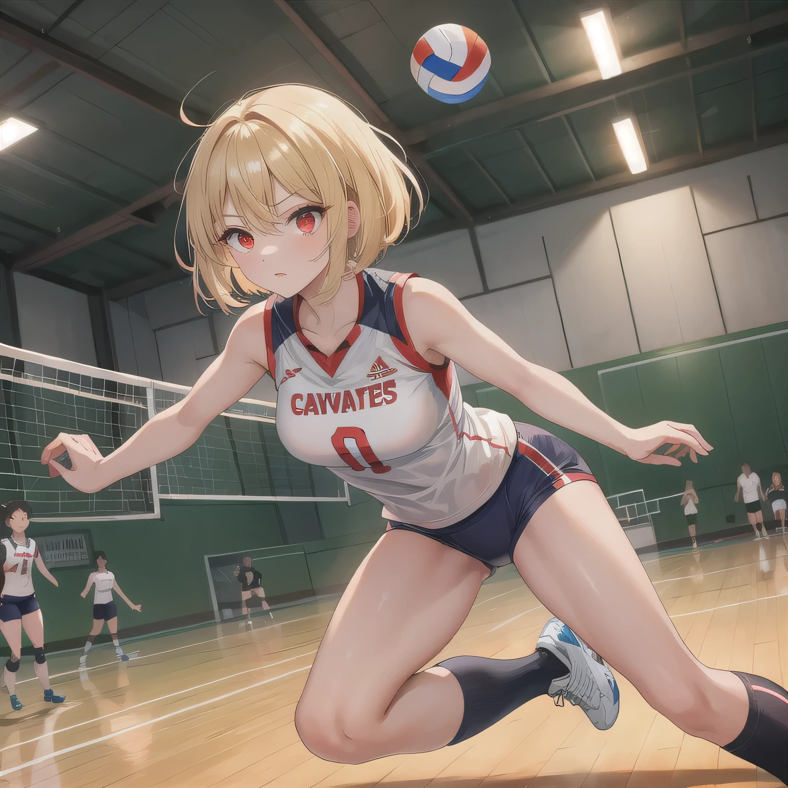 A breathtakingly beautiful 20-year-old woman soars into the air on a volleyball court inside a brightly lit gymnasium, preparing to spike the ball with precision and power. Her athletic form is accentuated by a sleek, form-fitting uniform, and her intense gaze remains locked onto the target. The polished wooden floor reflects the motion, enhancing the dynamic energy of the moment as she displays her skill and determination. Blonde hair, bob haircut, red eyes.