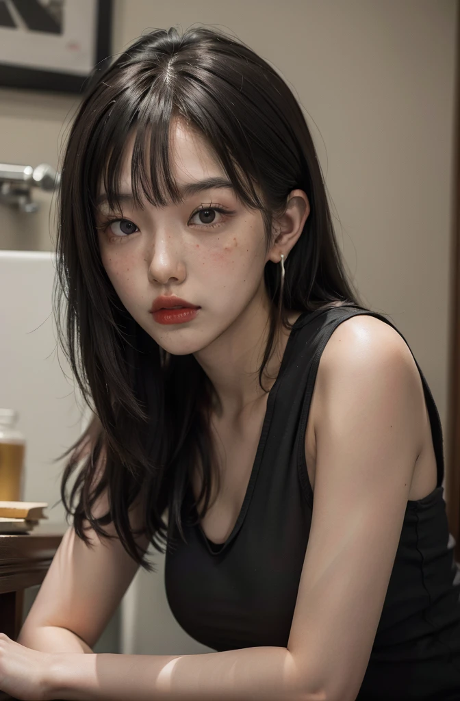 Araffe Asian woman with long black hair wearing a black top, Ulzzang, cruel korean goth girl, linda jovem coreana, maquiagem sul-coreana popular, Portrait of female Korean idol, coreana, maquiagem coreana popular, Retrato de Jossi do Blackpink, linda mulher sul-coreana, Sun Yunjoo, Yanjun Chengt, linda jovem coreana, Xisionwu