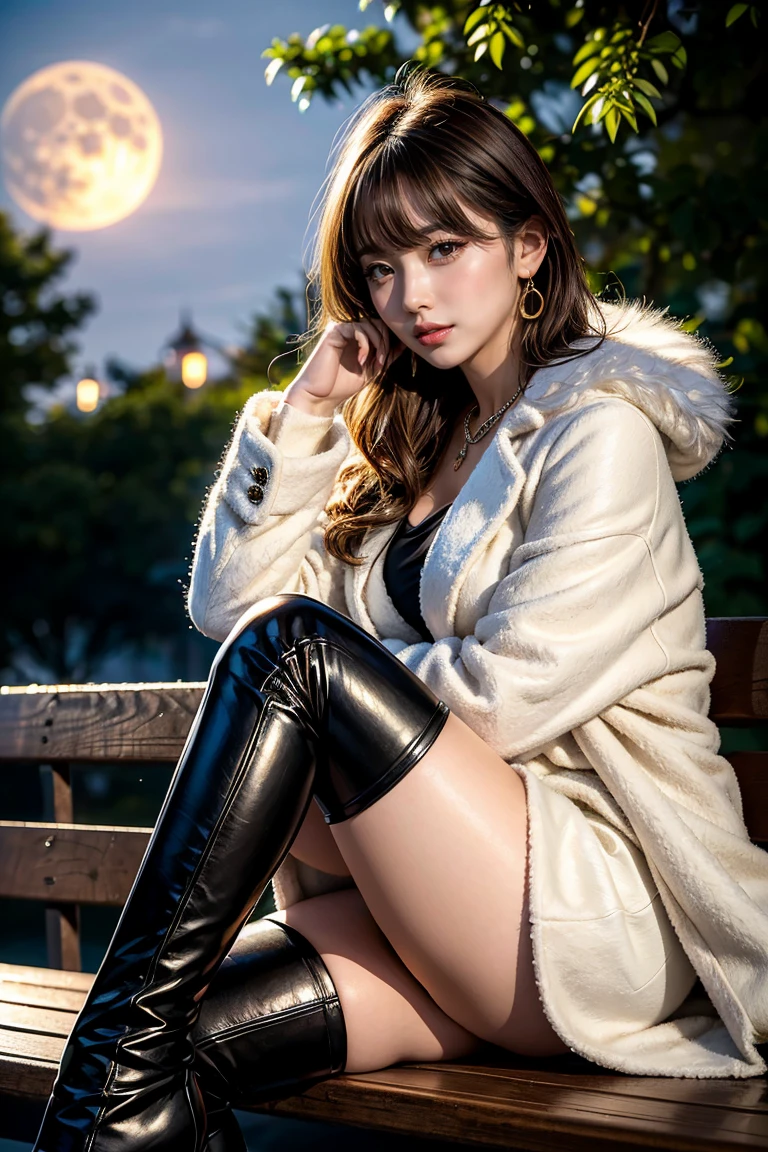 qulity:(Super masterpiece、Ultra-realistic、An ultra-high picture quality、超A high resolution、Raw photography、ultra hi definition photo、Super Sharp Focus)、shape:(((cute jacket、a miniskirt、Black knee-high socks)、Monotone Coordination、(Fluffy cold weather coat)))、The location:((Mystical Northern Lights、Stone pillar temple ruins))、composition:((She straddled the rugged rock with her legs wide open.))、appearance:((A beautiful and beautiful woman in Japan)、(The most beautiful face in the world)、二重まぶた、(Chignon Hair)、Dark hair、beautidful eyes、Thin seductive lips、Super perfect proportions、Beautiful skin、fair white skin、(Super delicate body)、(Ultra-slender body type)、(Super toned and very thin waist)、(thin arm)、(Thin leg))