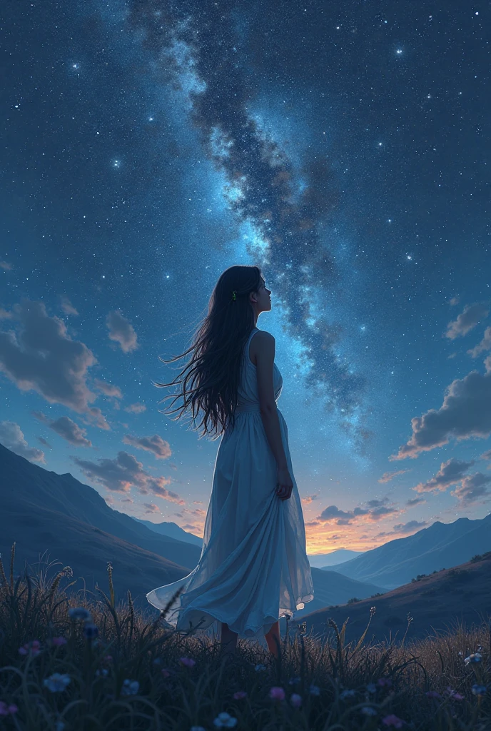A woman looking up at the starry sky on a hill,Beautiful starry sky